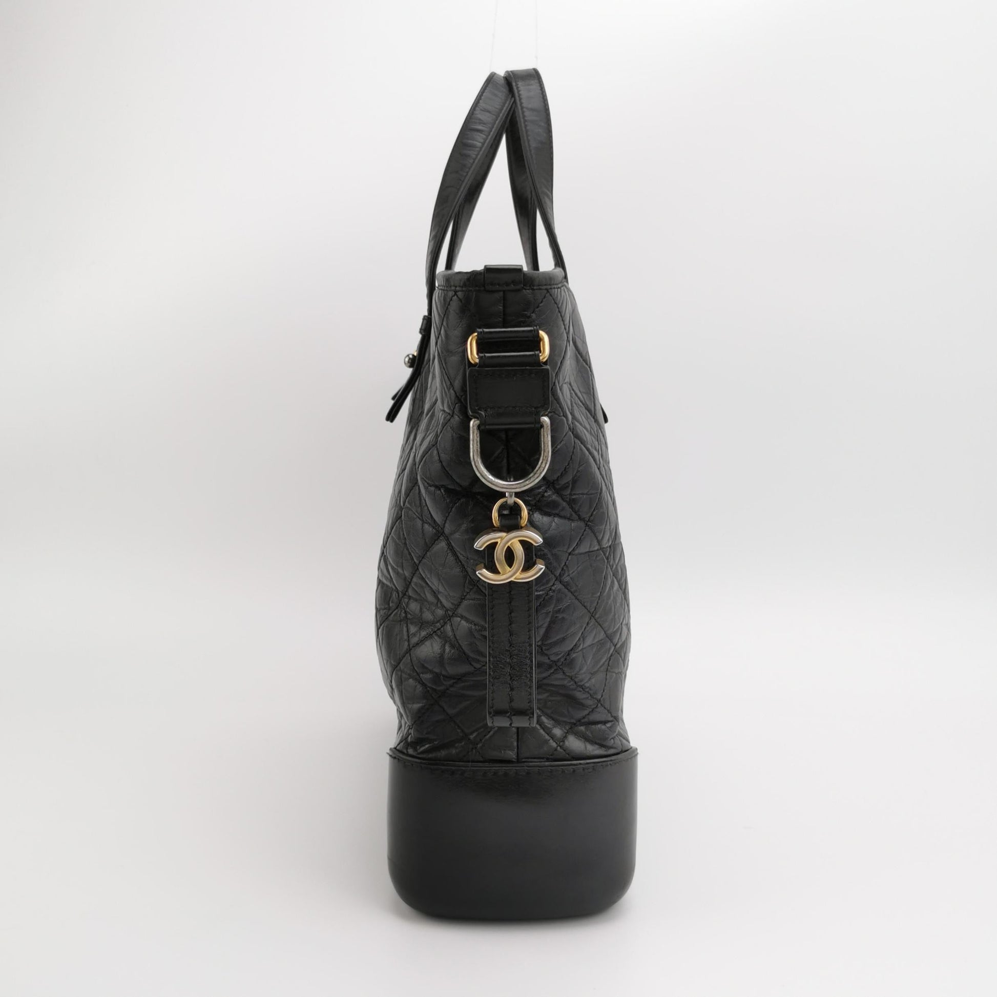Chanel Gabrielle Crumbled Calfskin Hardware Black Silver Leather Tote Bag