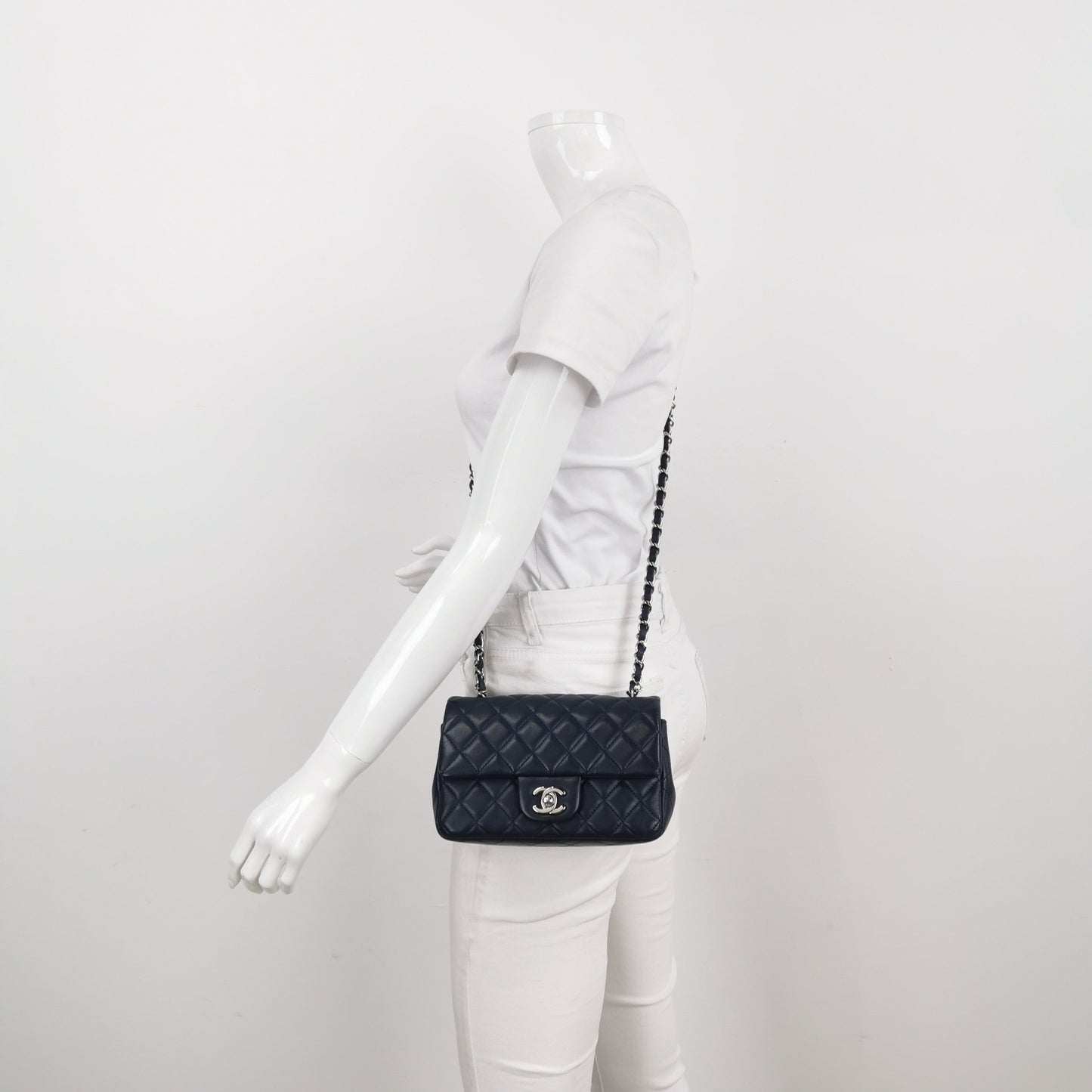 Chanel Classic Flap Rectangular Navy Lambskin Hardware Silver Mini Bag