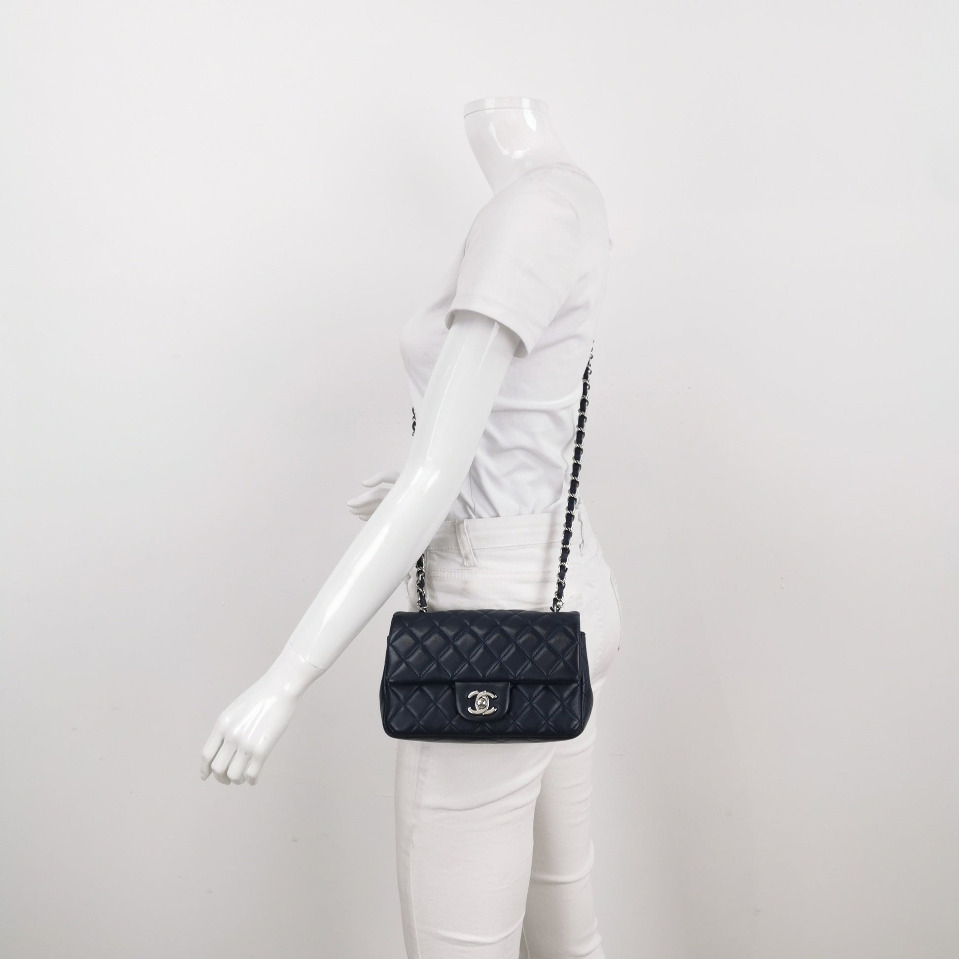 Chanel Classic Flap Rectangular Navy Lambskin Hardware Silver Mini Bag