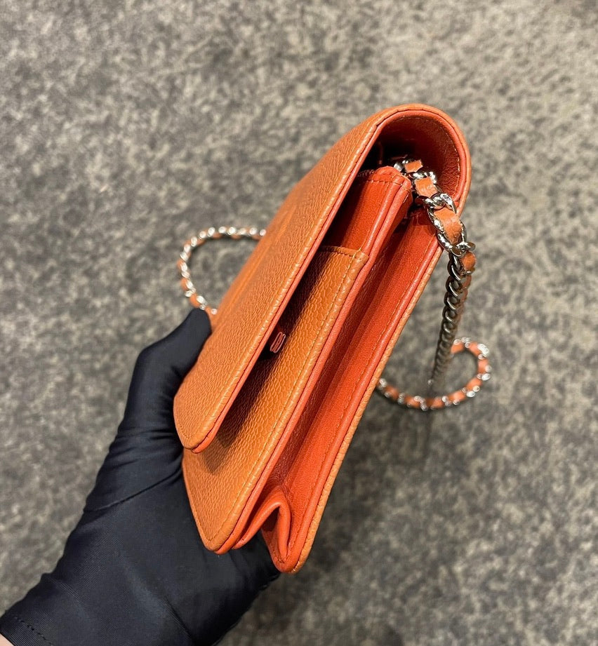 Chanel on WOC Double CC Caviar Orange Leather Wallet Case