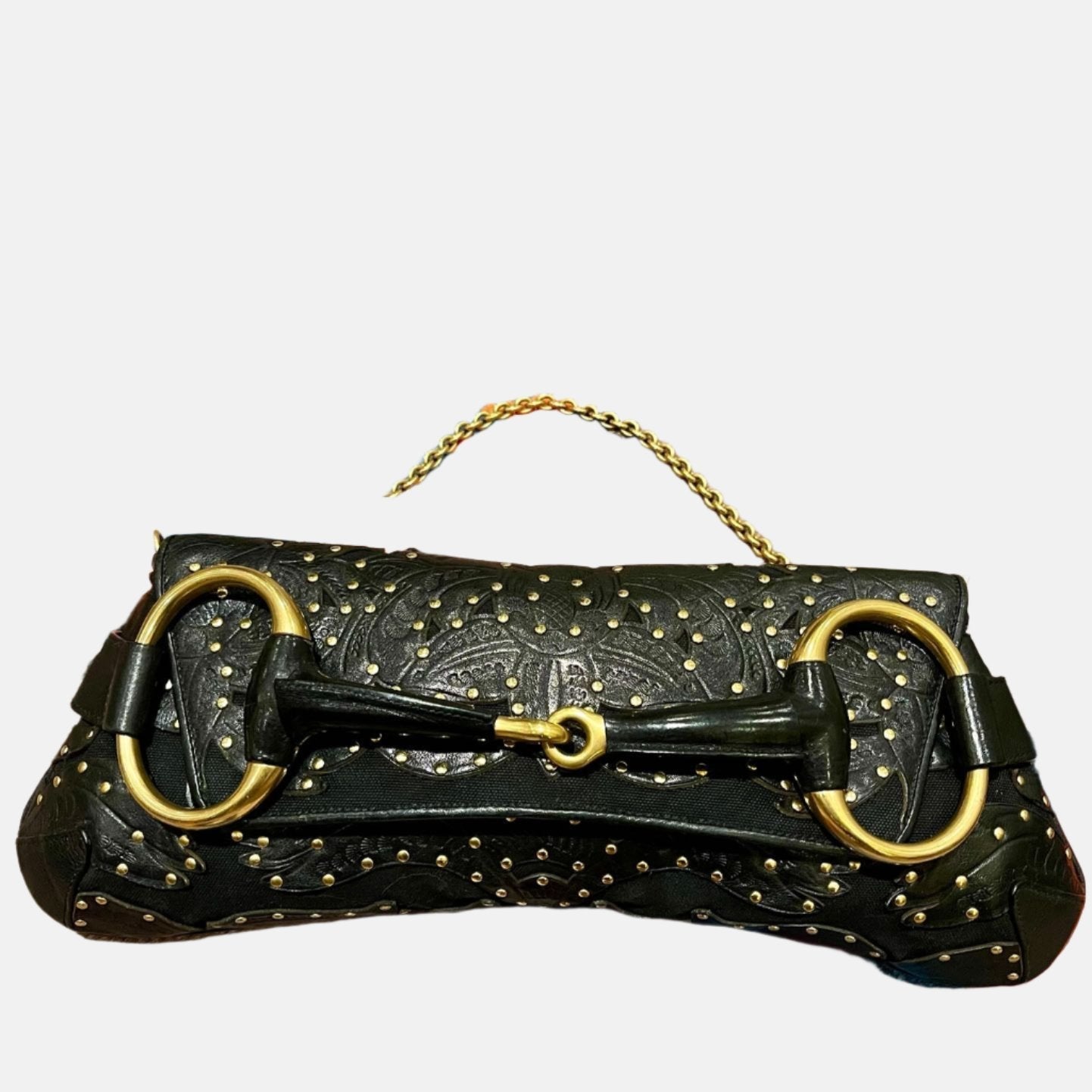 Gucci Horsebit Chain Embossed Studs Leather Black Gold Large Shoulder Bag