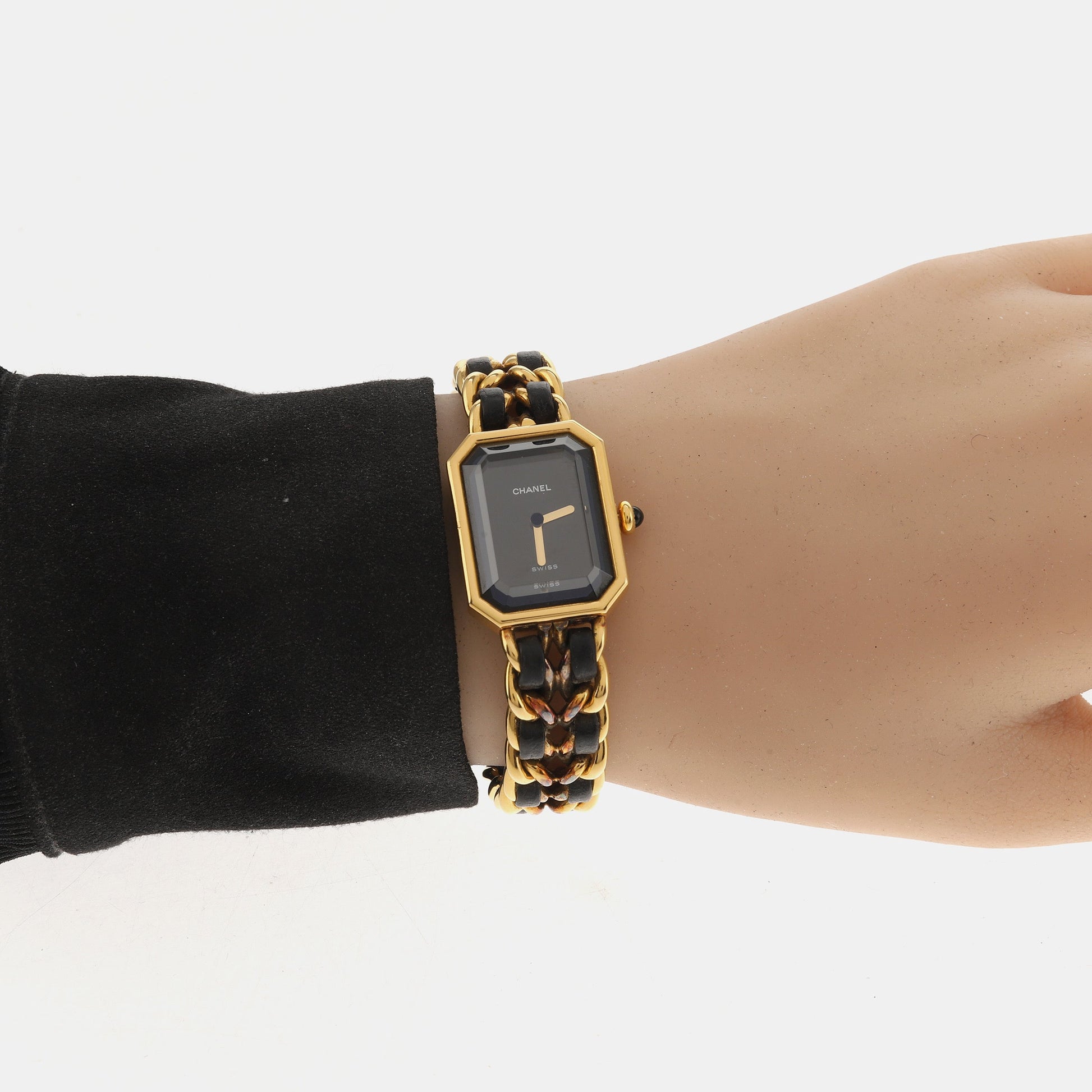 CHANEL 1987   PREMIERE Watch Black Leather and 24KT Yellow Gold Plated L Size