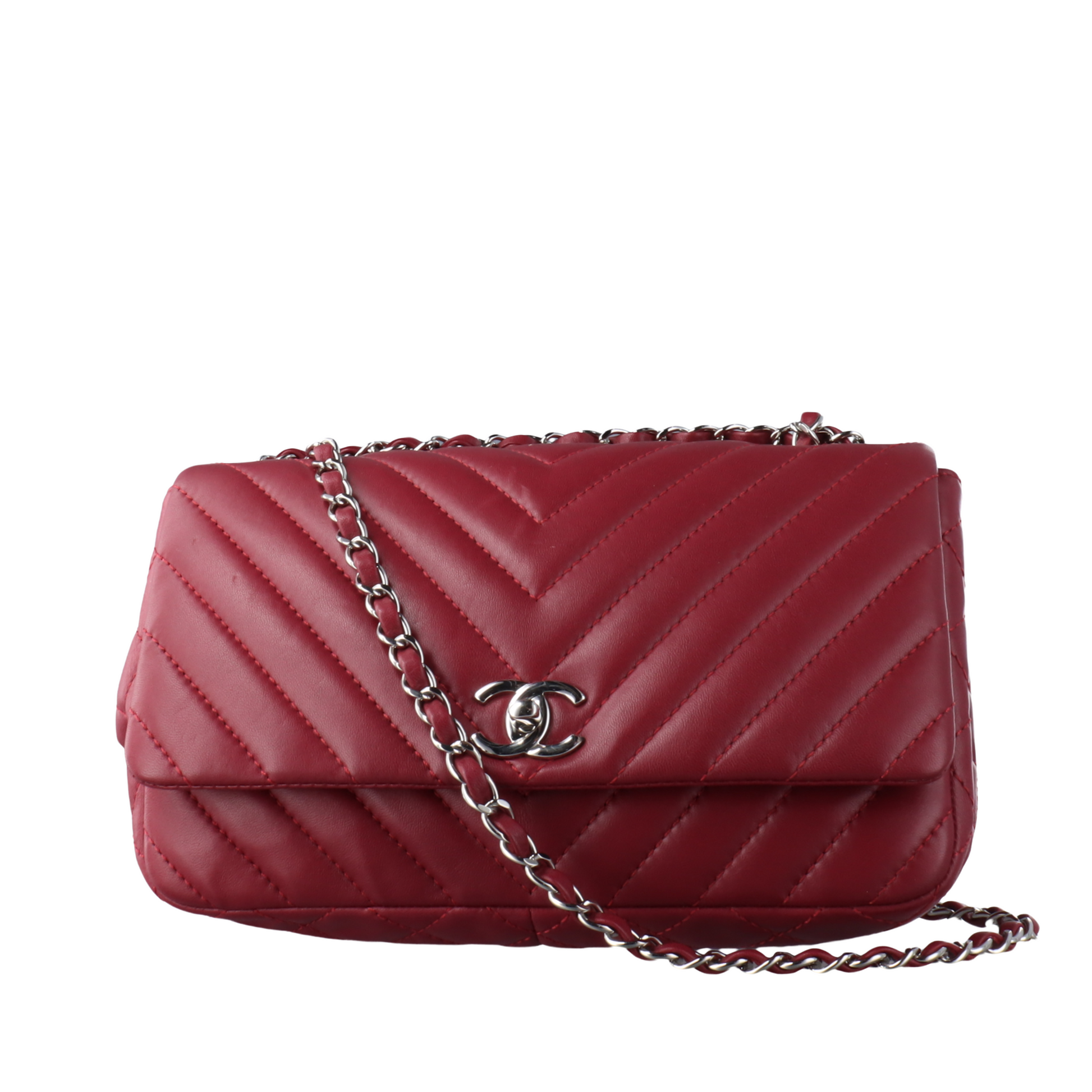 Chanel Classic Flap Chevron Burgundy Quilted Lambskin Leather Handbag Lambskin Leather
