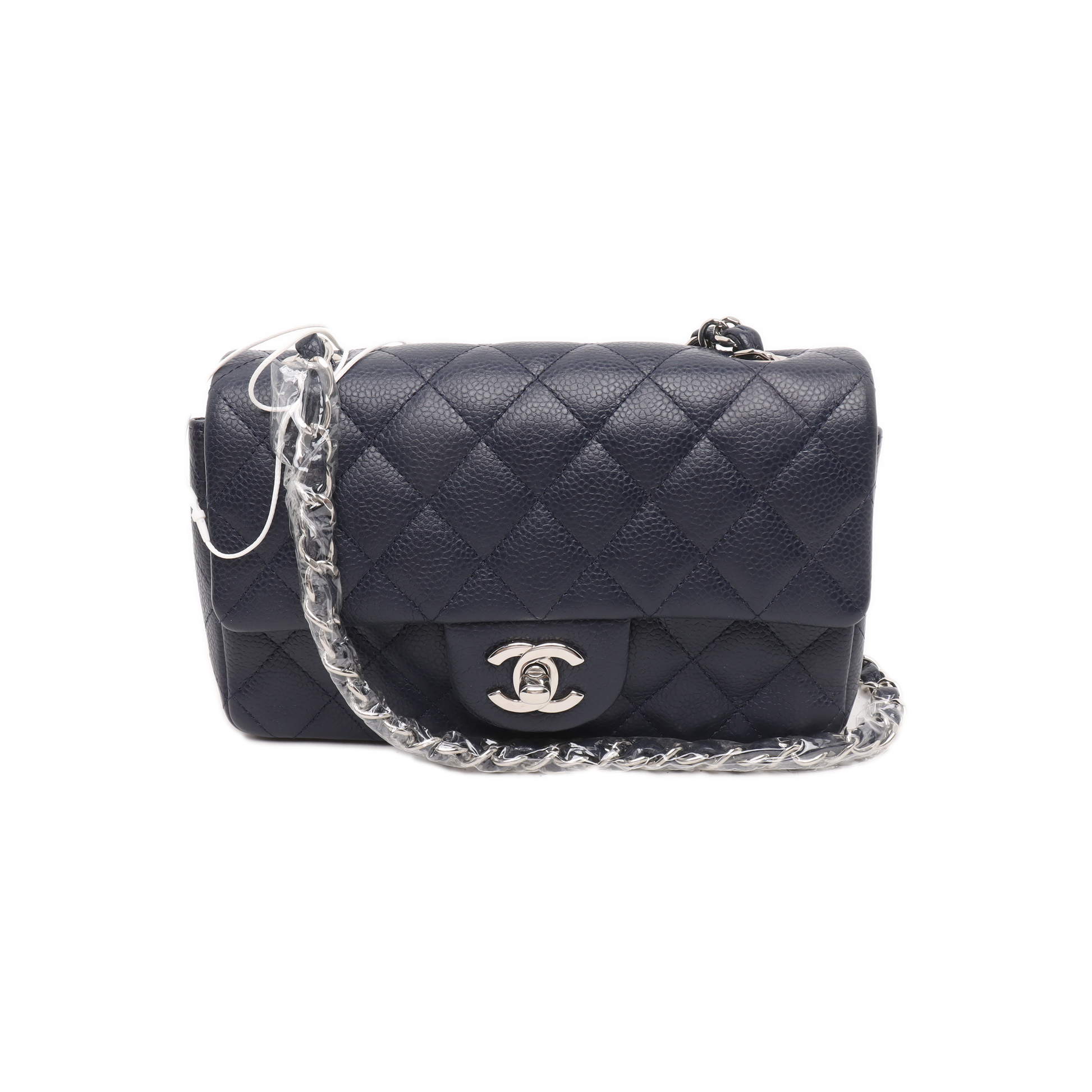 Chanel Classic Flap Rectangular Navy Caviar Hardware Silver Leather Mini Bag