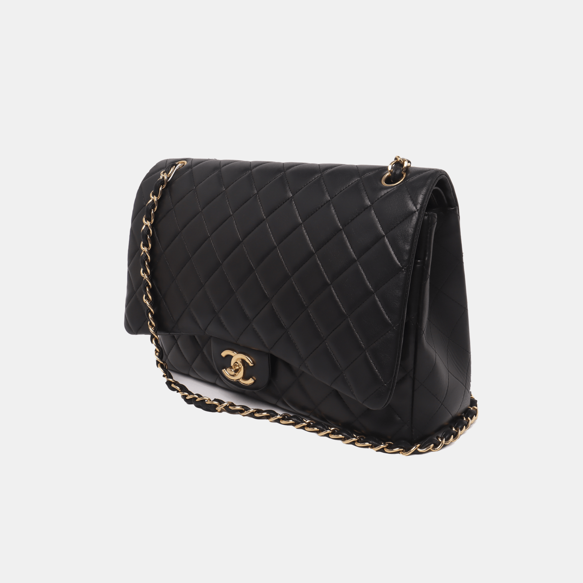 Chanel Classic Flap Maxi Lambskin Double Flap Black Gold Leather Handbag