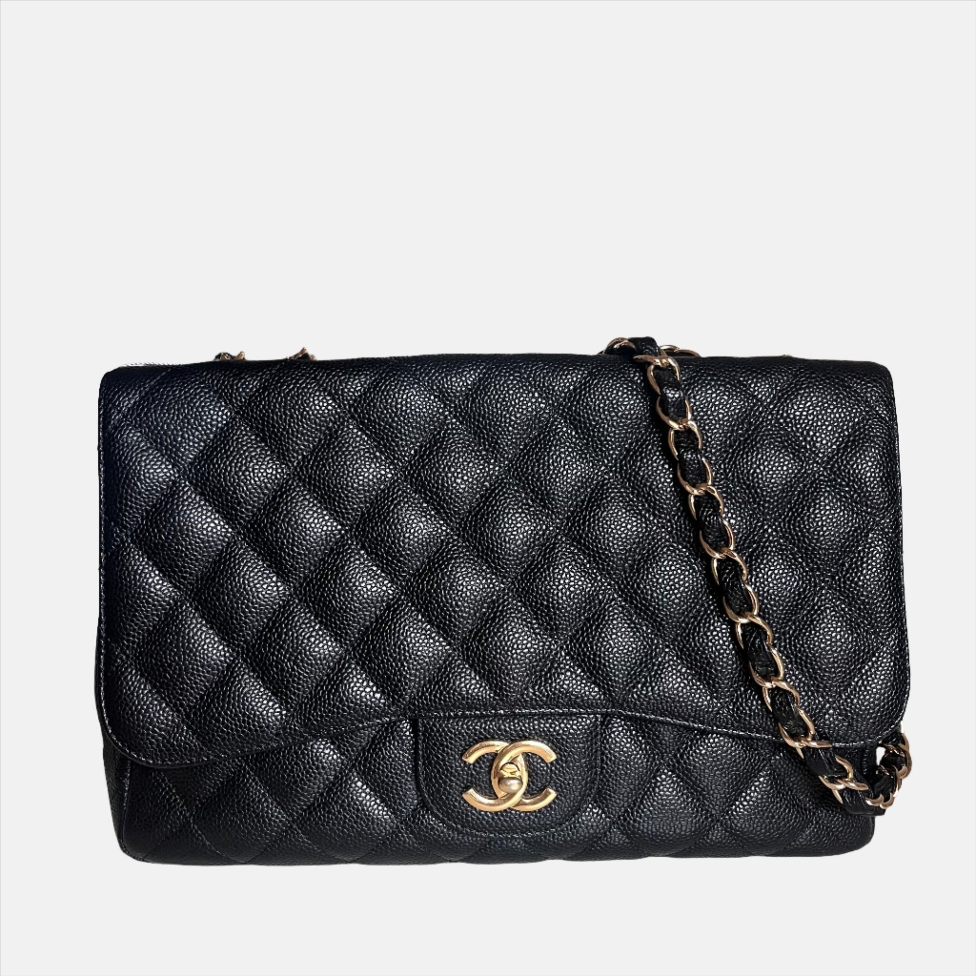Chanel Classic Flap Jumbo Caviar Single Flap Black Gold Leather Handbag Gold Hardware
