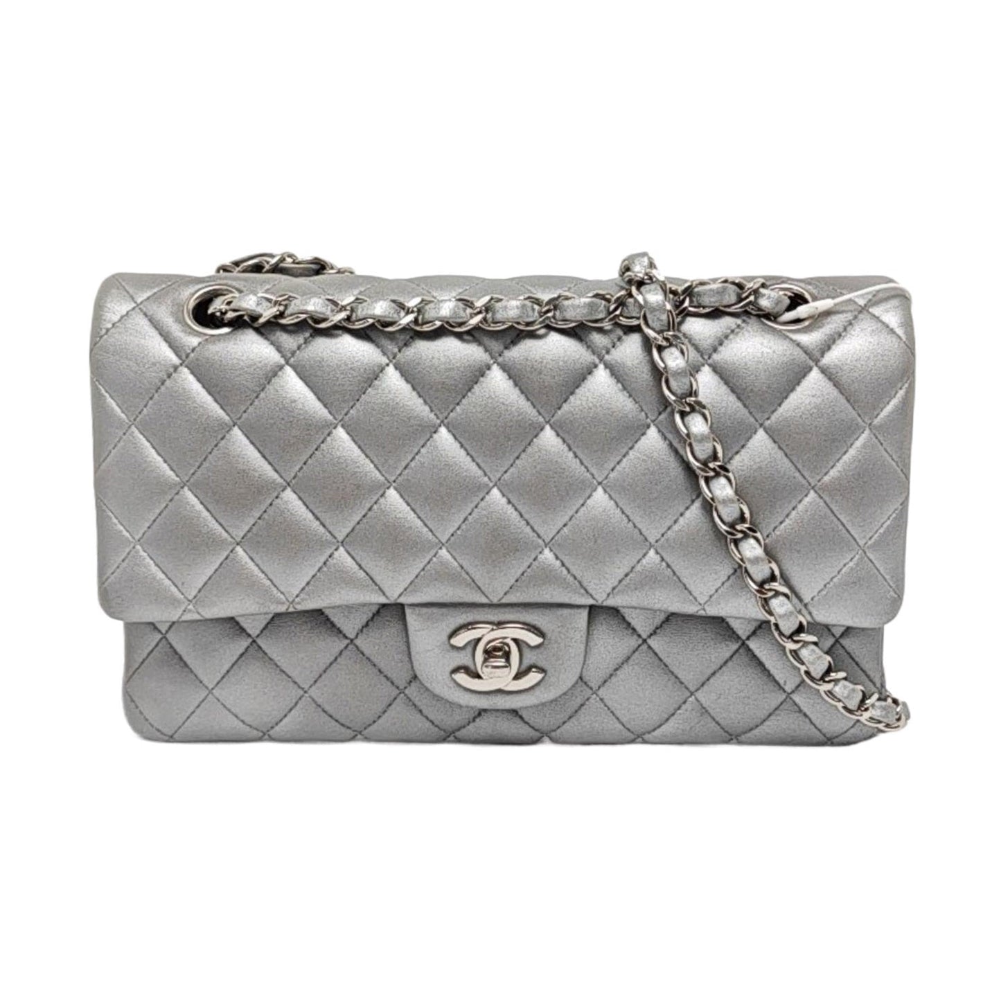 Chanel Classic Flap Lambskin Hardware Silver Grey Leather Handbag