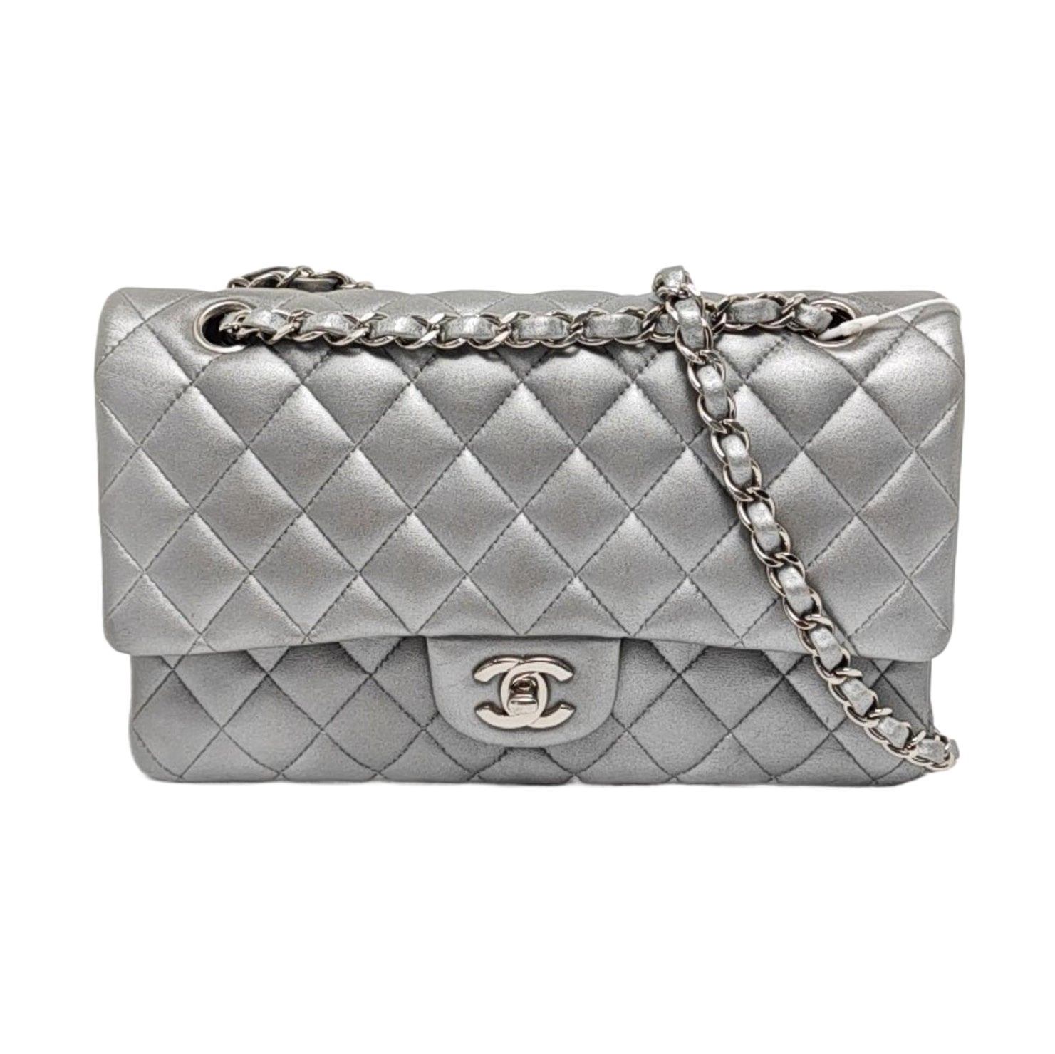 Chanel Classic Flap Lambskin Hardware Silver Grey Leather Handbag