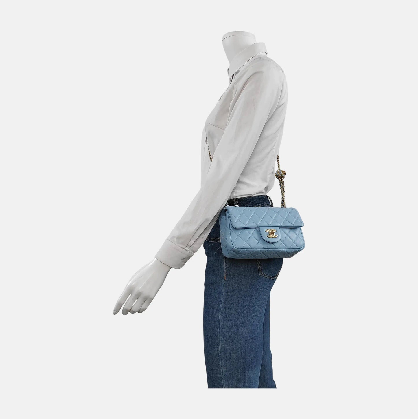 Chanel Classic Flap Baby Lambskin Pearl Crush Blue Gold Mini Bag