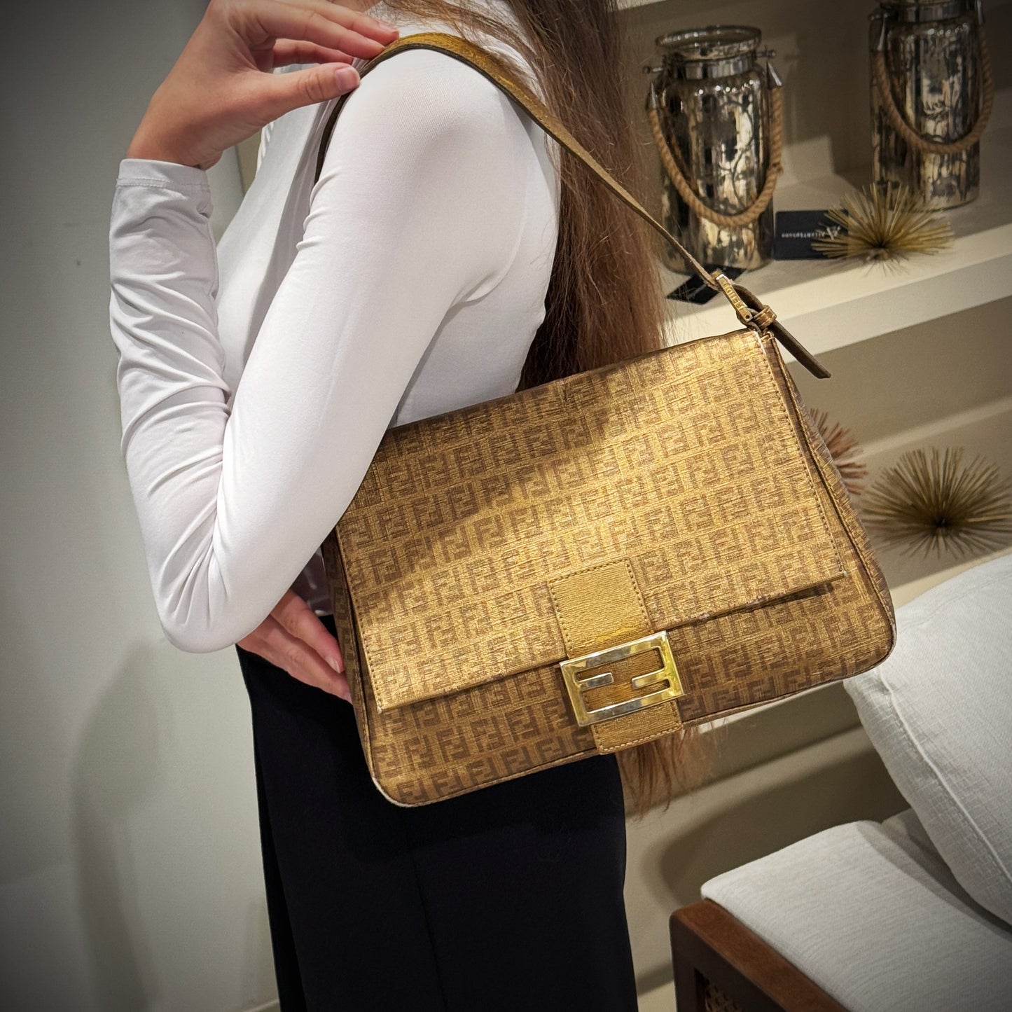 Fendi Zucchino Mamma Forever Shoulder Bag Tws Canvas Gold