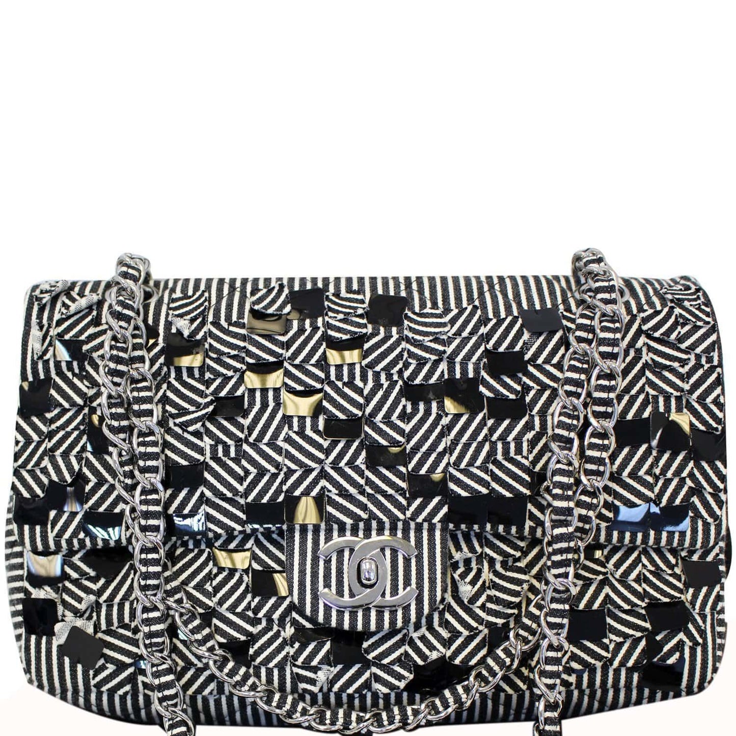 Chanel Striped Flap Black White Travel Bag