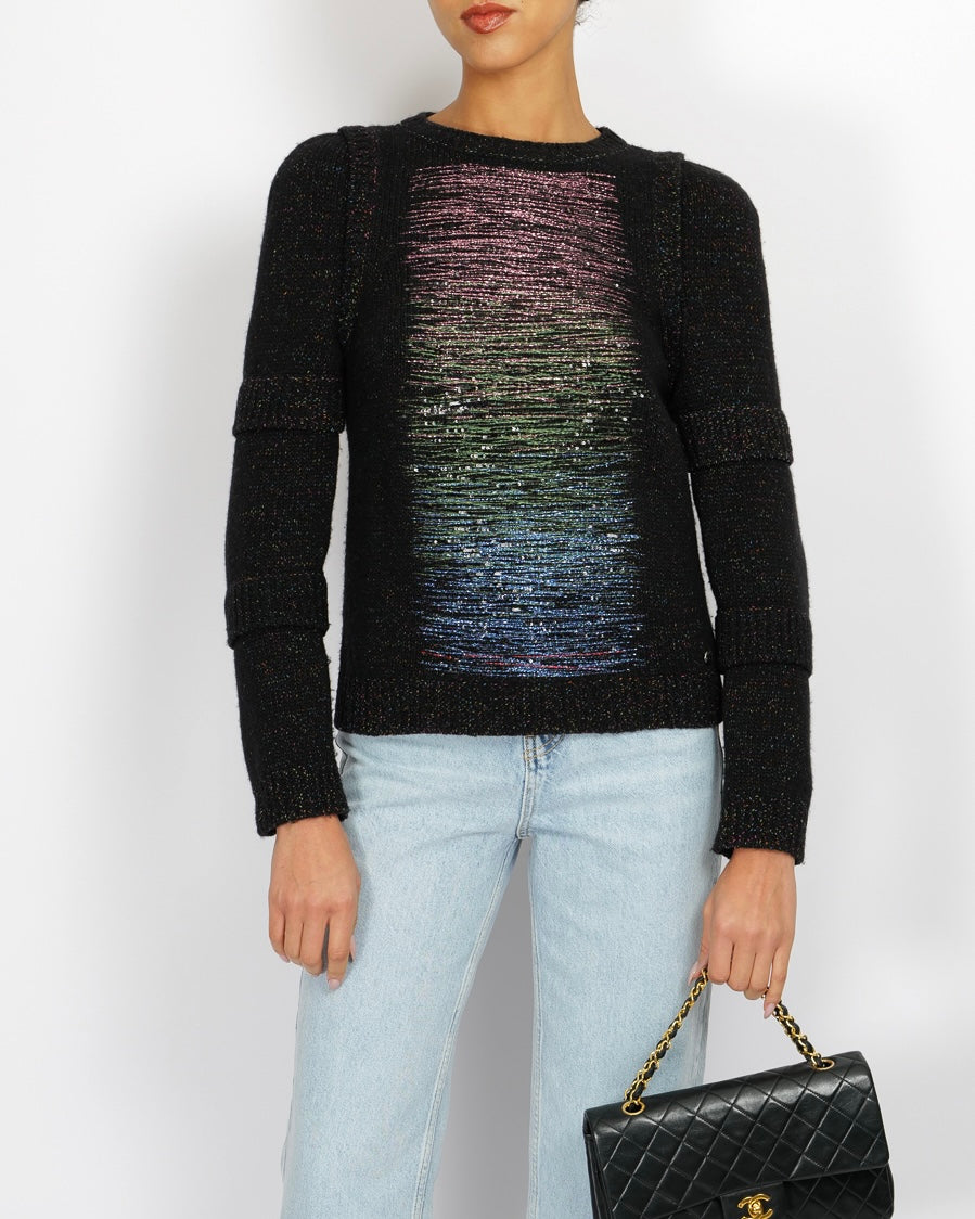 Chanel Fall Black And Multi-Colour Wool Knit Jumper With Metallic And Sequin Embellished Embroidery With Silver Cc Logo Button Detail Size Fr 36 (Uk 8) Bag