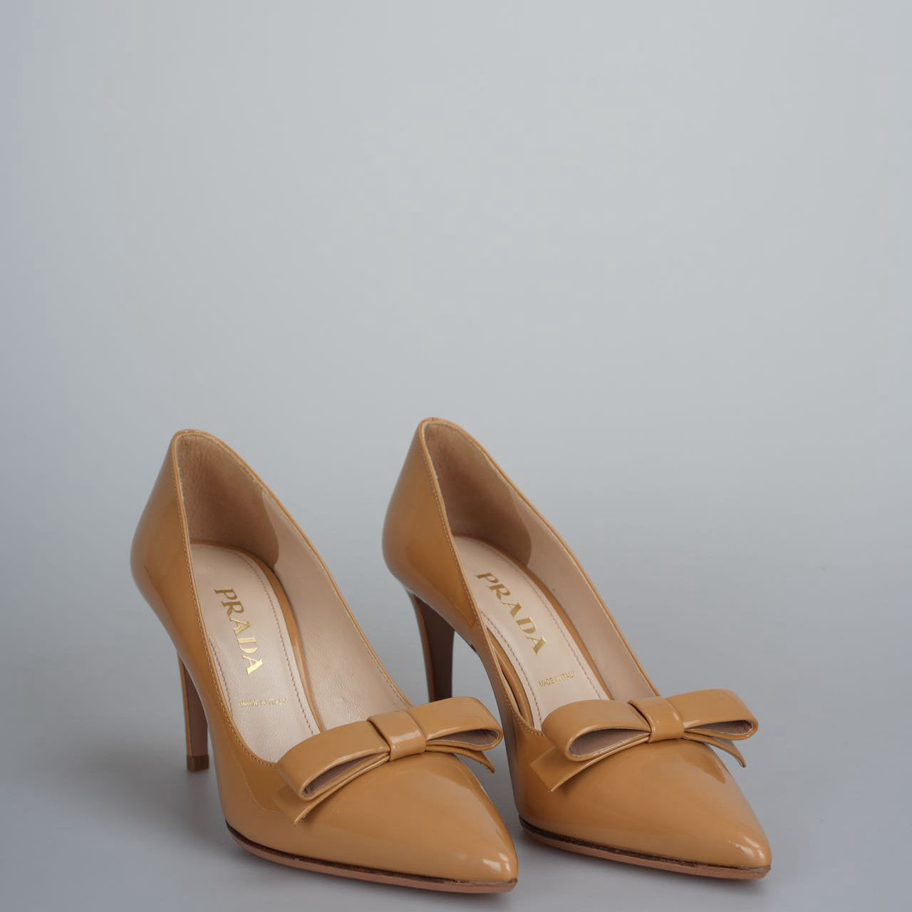 Prada Shoe Caramel Bow Pointed Toe Pumps Leather Patent Shoes