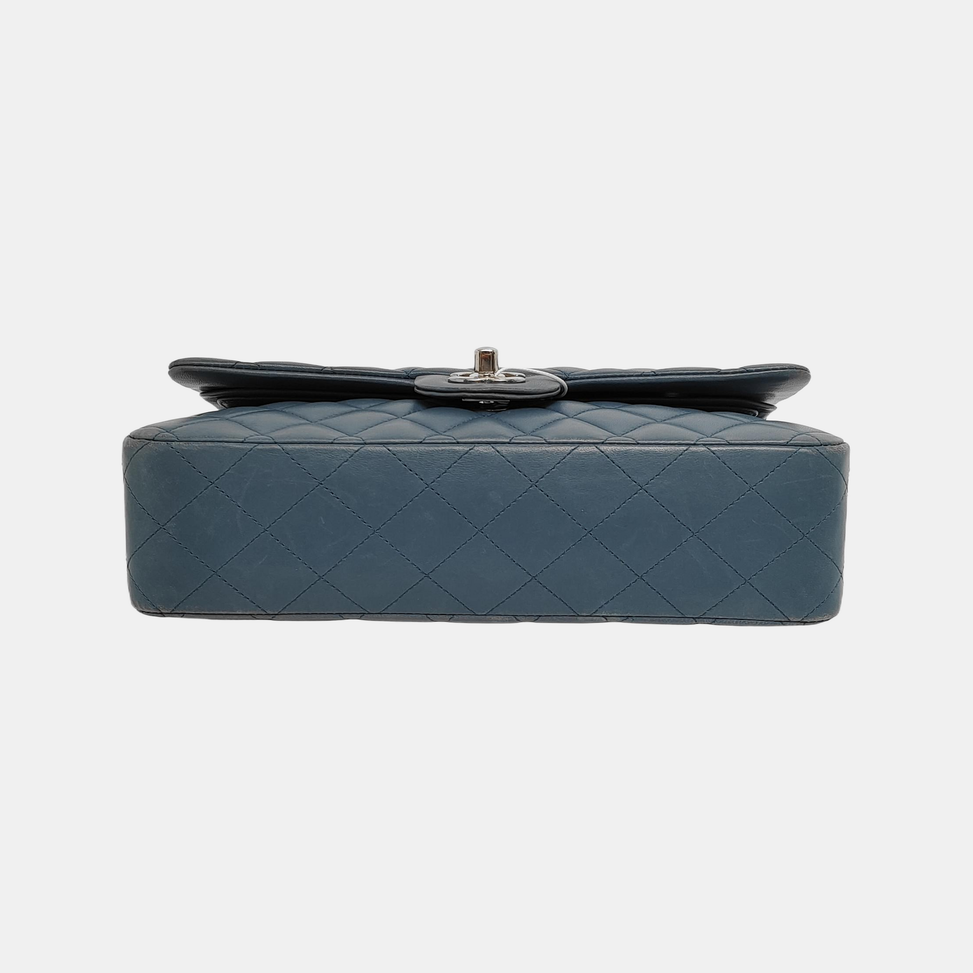 Chanel Timeless Classic Flap Misty Lambskin Hardware Blue Silver Leather Handbag