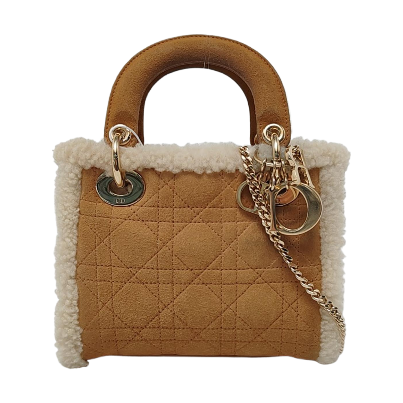 Dior Lady Mini Handbag Shearling Hardware Leather Brown Travel Bag