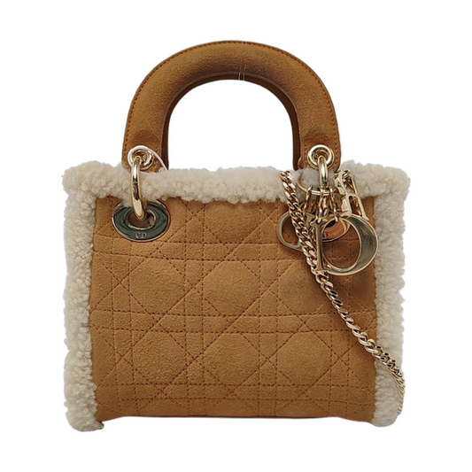 Dior Lady Mini Handbag Shearling Hardware Leather Brown Travel Bag