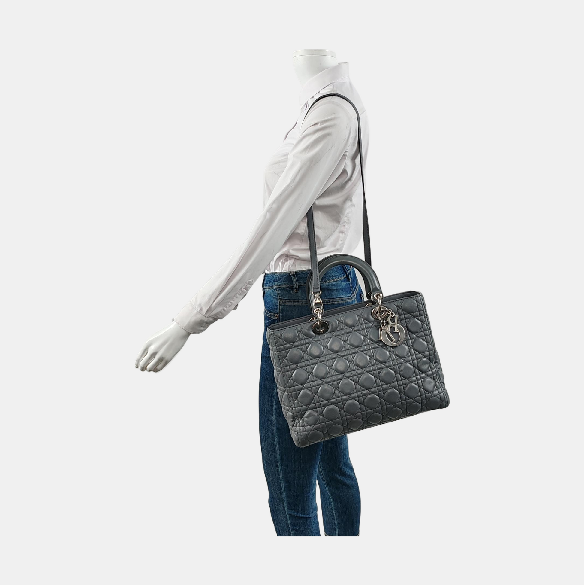 Dior Lady Dark Grey Lambskin Cannage Hardware Handbag Leather Silver Travel Bag