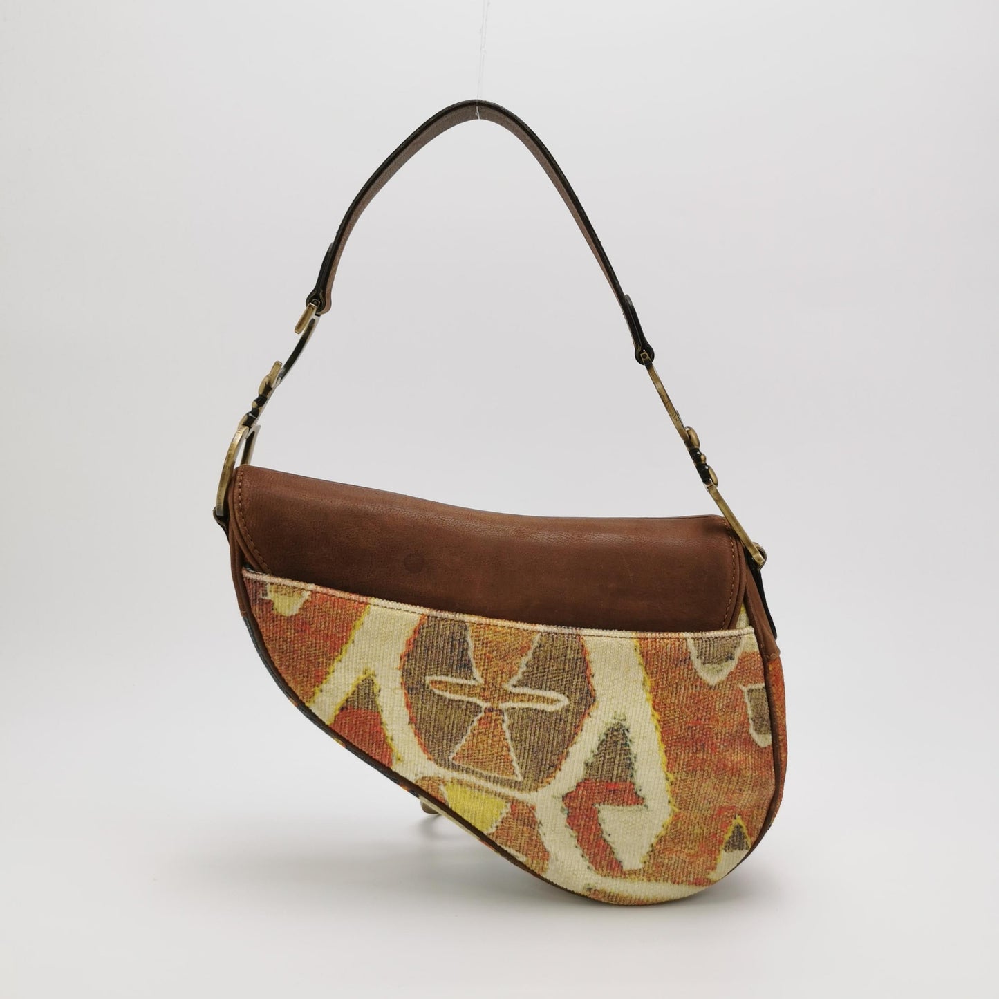 Dior Saddle Printed Velvet Hardware Shoulder Bag Leather Brown
