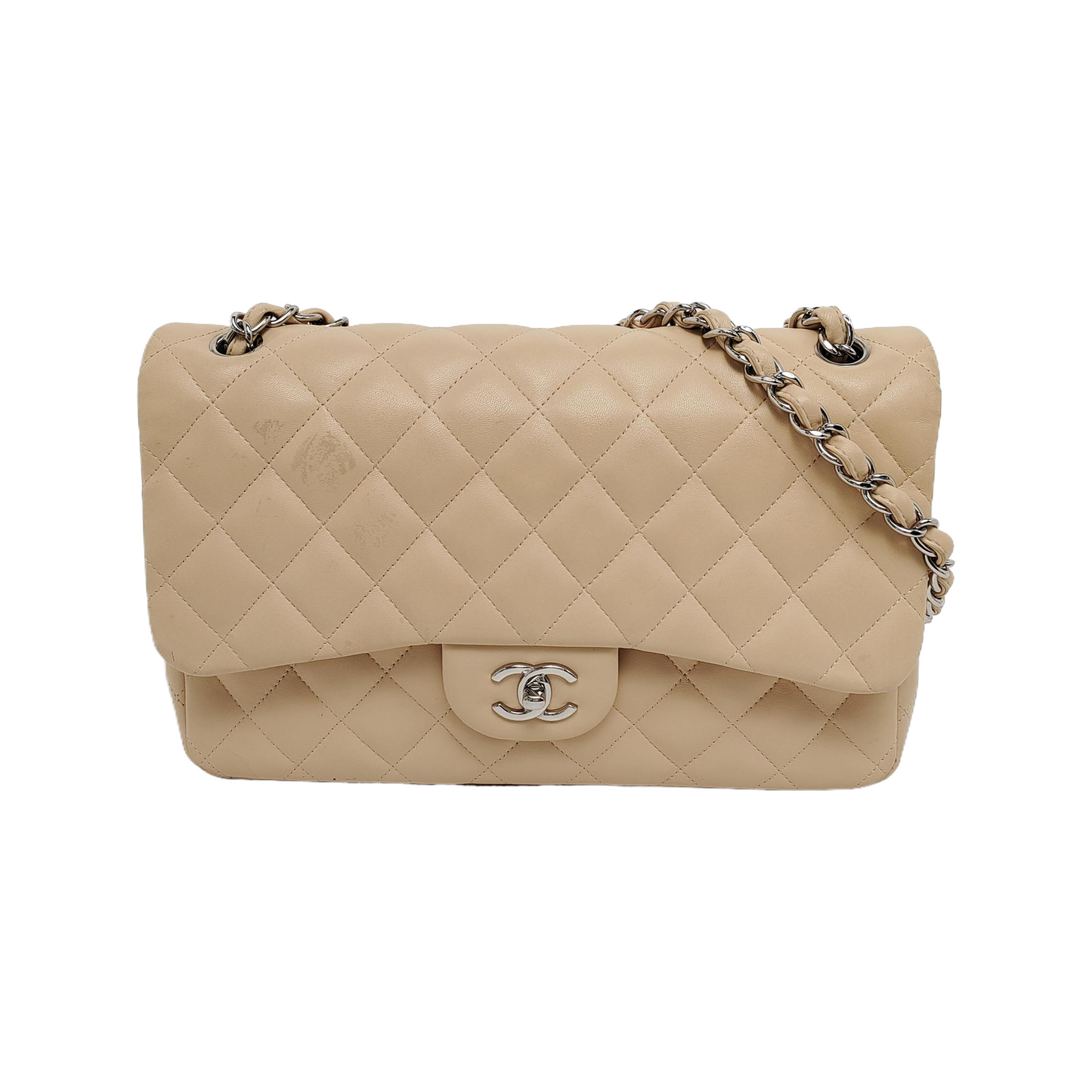 Chanel Classic Flap Jumbo Lambskin Single Flap Silver Beige Leather Handbag
