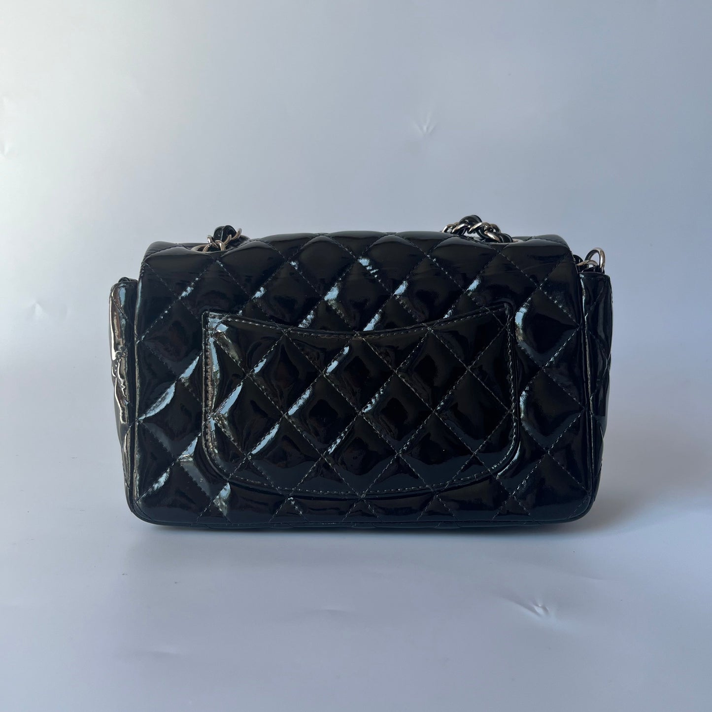Chanel Classic Flap Rectangular Patent Hardware Black Silver Leather Mini Bag Silver Hardware