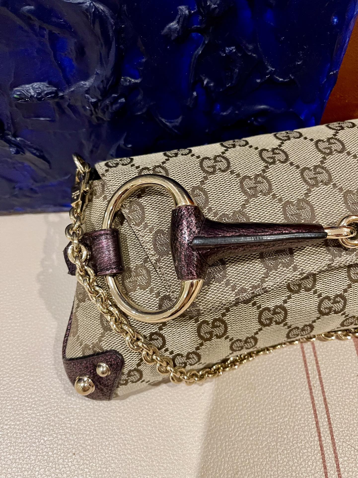 Gucci Horsebit Iridescent Purple Studs Monogram Leather Gold Chain Travel Bag