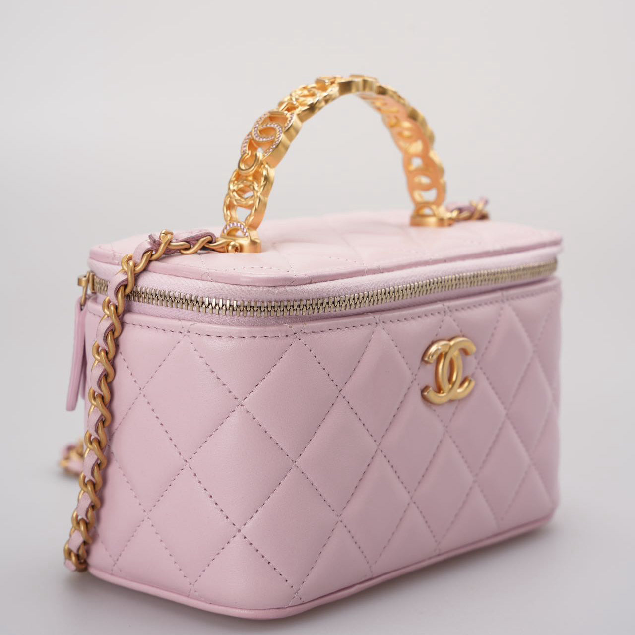 Chanel Vanity Case in Light Pink Quilted Lambskin with Crystal Handle from 2024