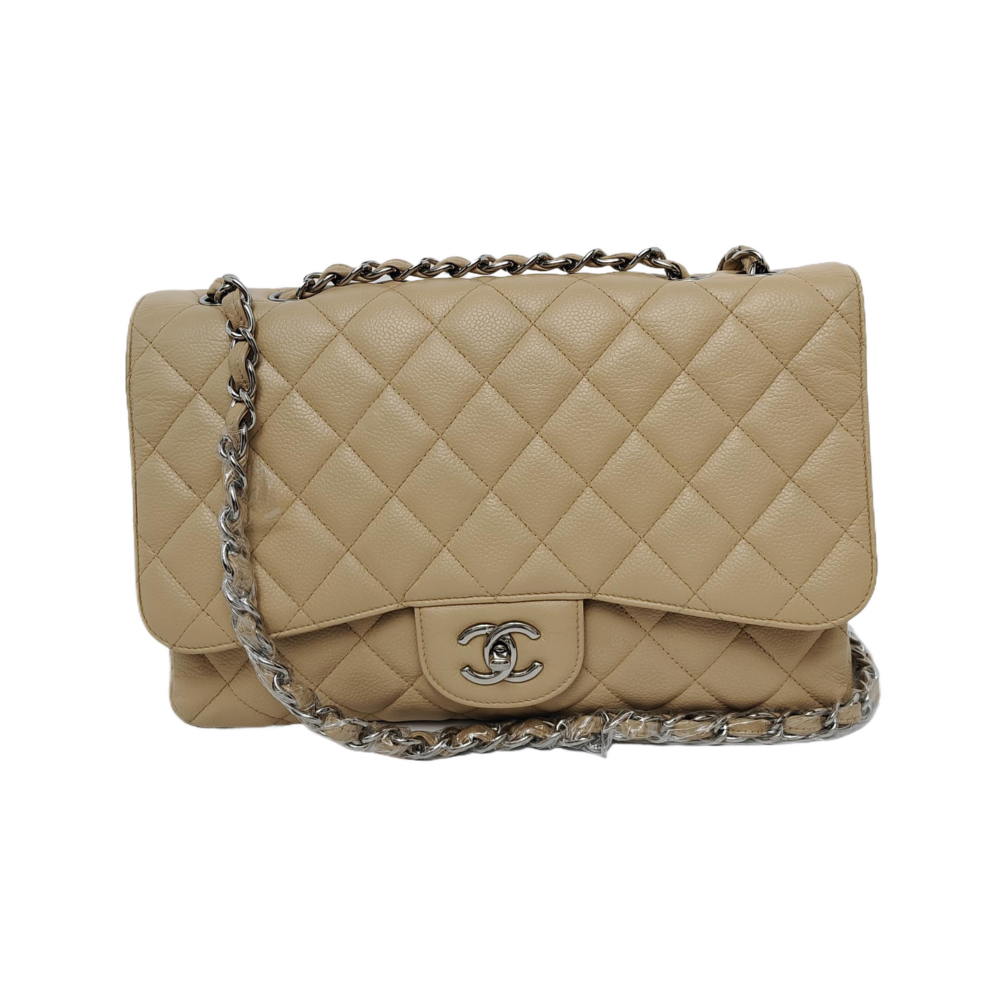 Chanel Classic Flap Jumbo Caviar Single Flap Silver Beige Leather Handbag Hardware 1