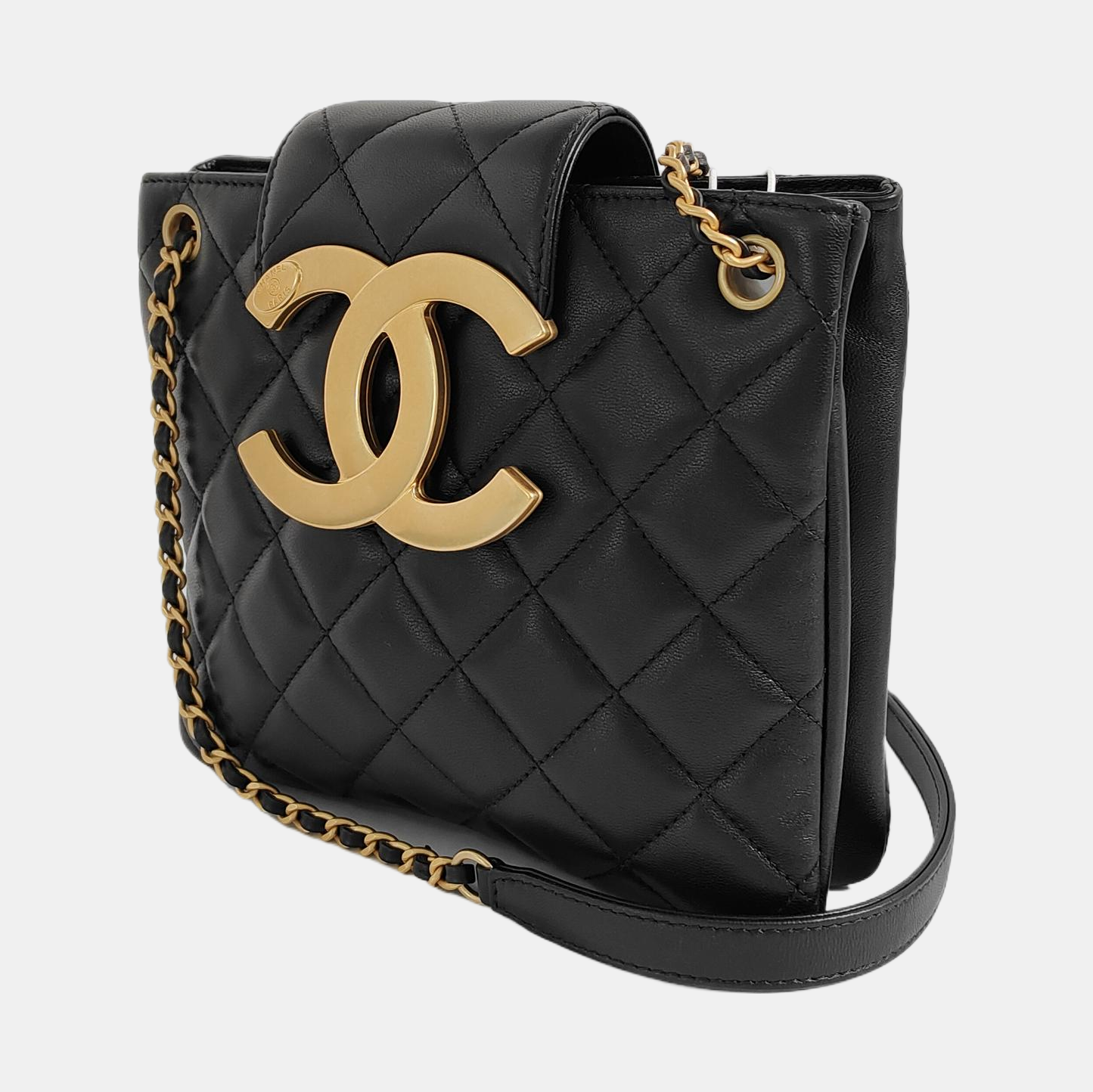 Chanel CC Giant -tone CC Logo Lambskin Black Gold Small Leather Shoulder Bag