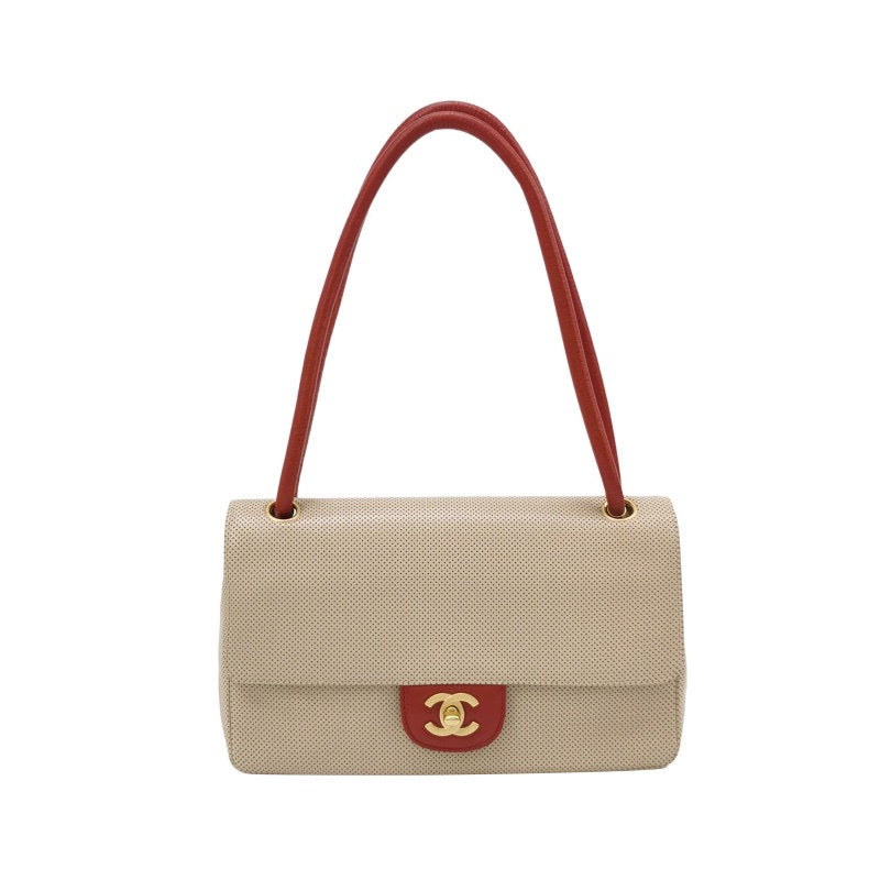 Chanel Classic Flap Bi-color Perforated Red Beige Leather Handbag