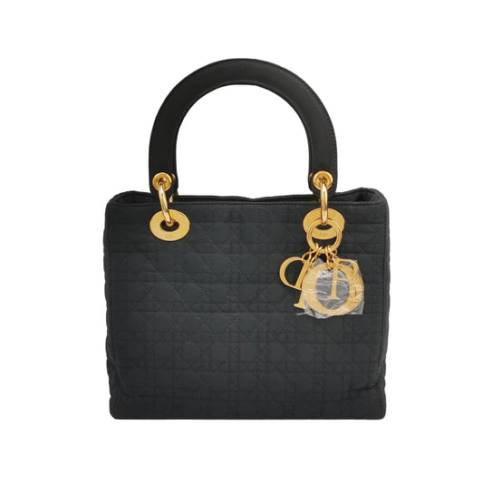 Dior Lady Cloth With Yellow Tone Hardware Handbag Black Gold Travel Bag