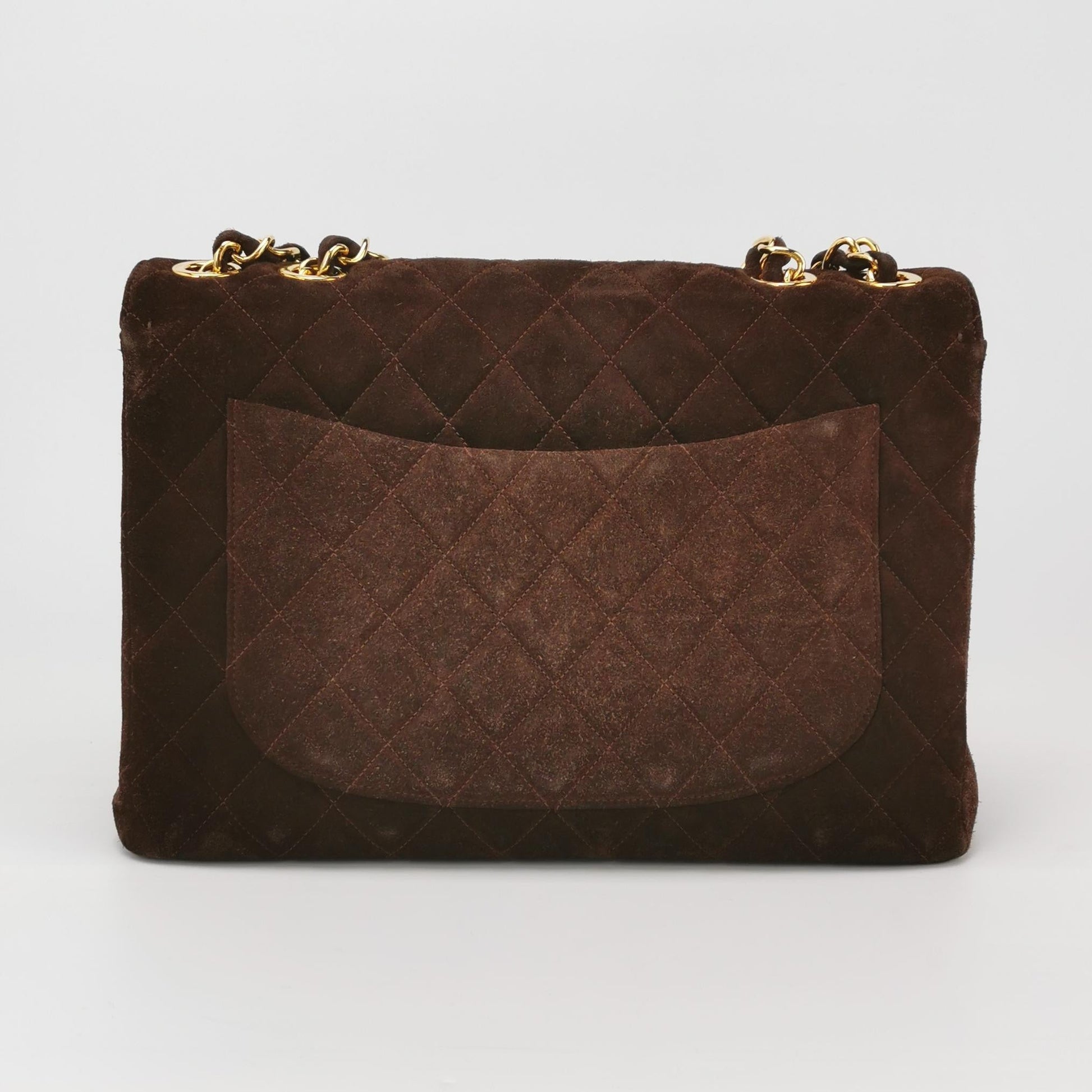 Chanel Classic Flap Maxi Chocolate Suede Giant Brown Gold Leather Handbag