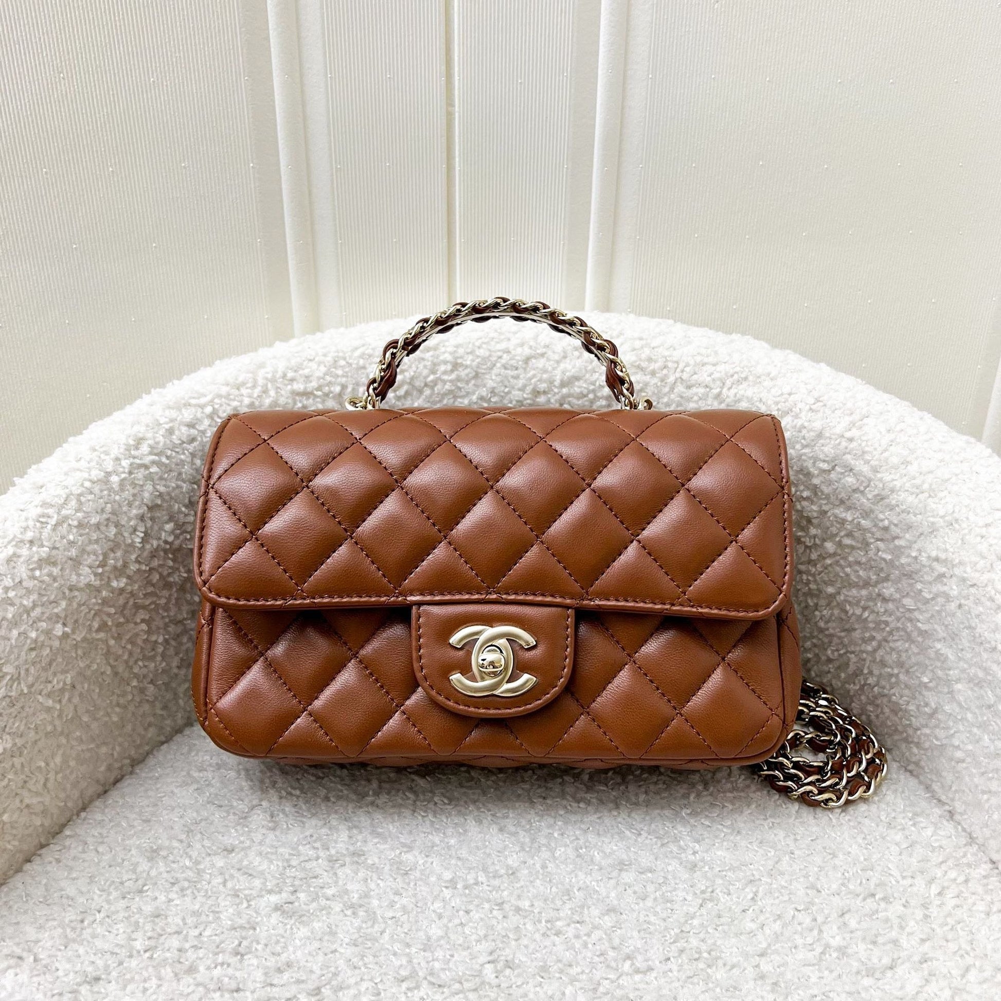 Chanel 23A Mini Rectangle Flap with Crystals Top Handle in Cognac Brown Lambskin and Lghw Handbag