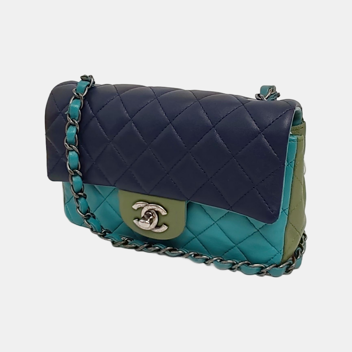 Chanel Classic Flap Rectangular Tri-color Navy Hardware Blue Green Silver Mini Bag