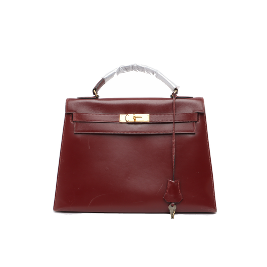 Hermes Kelly Sellier Burgundy Box Hw Handbag Leather Gold Travel Bag