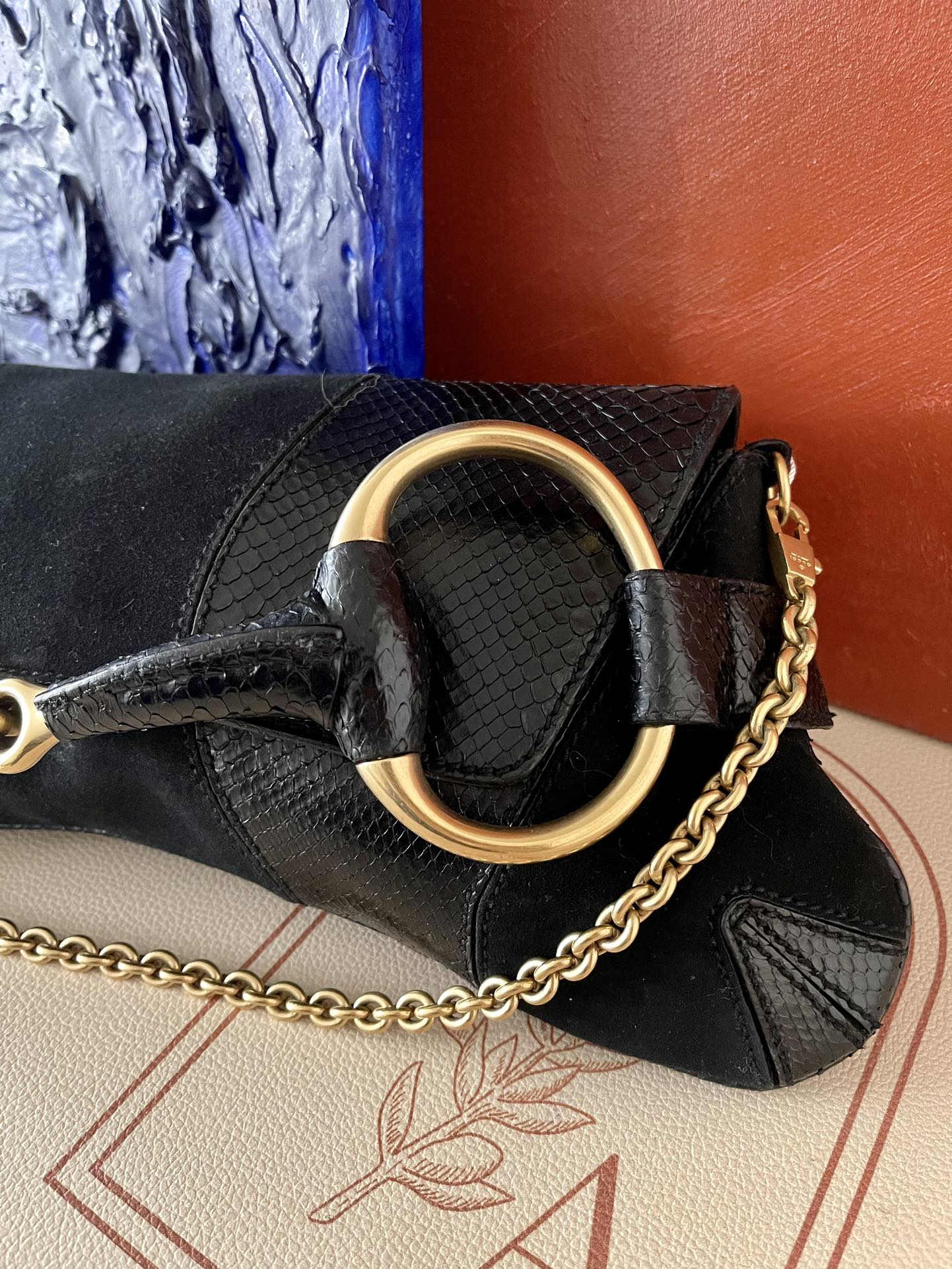 Gucci Horsebit Large And Python Skin Shoulder Bag Leather Suede