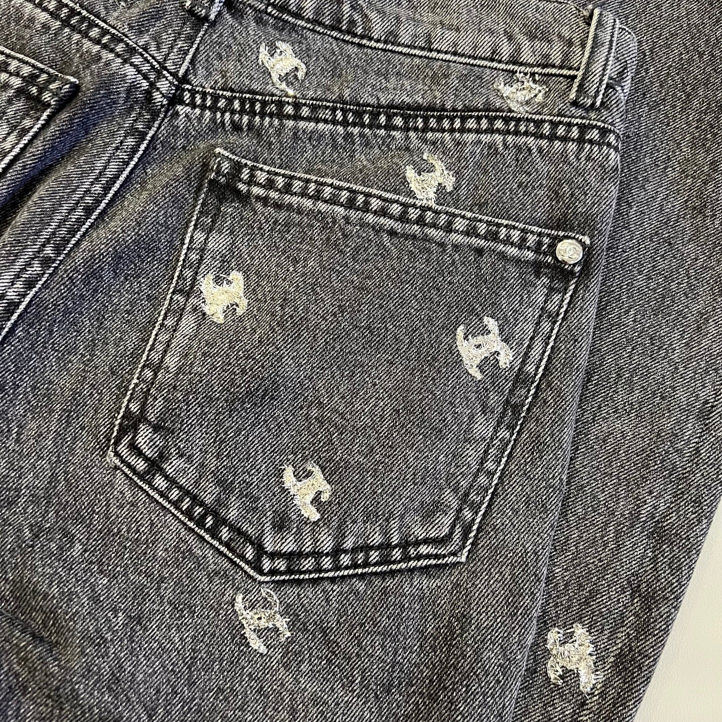 Chanel Black Denim Jeans with Silver Embroidered CC Logo Size 38