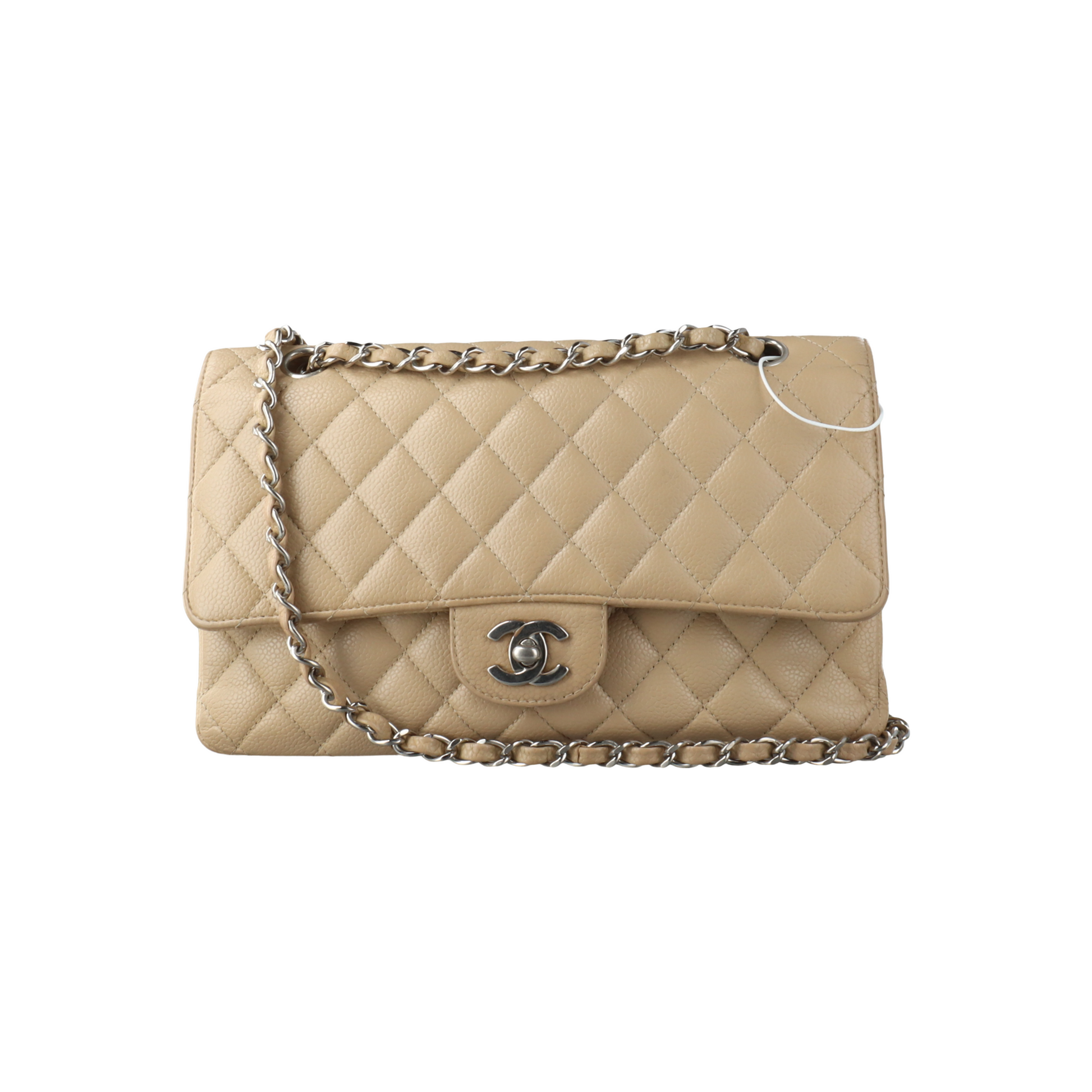 Chanel Timeless Classic Flap Caviar Hardware Silver Beige Leather Handbag