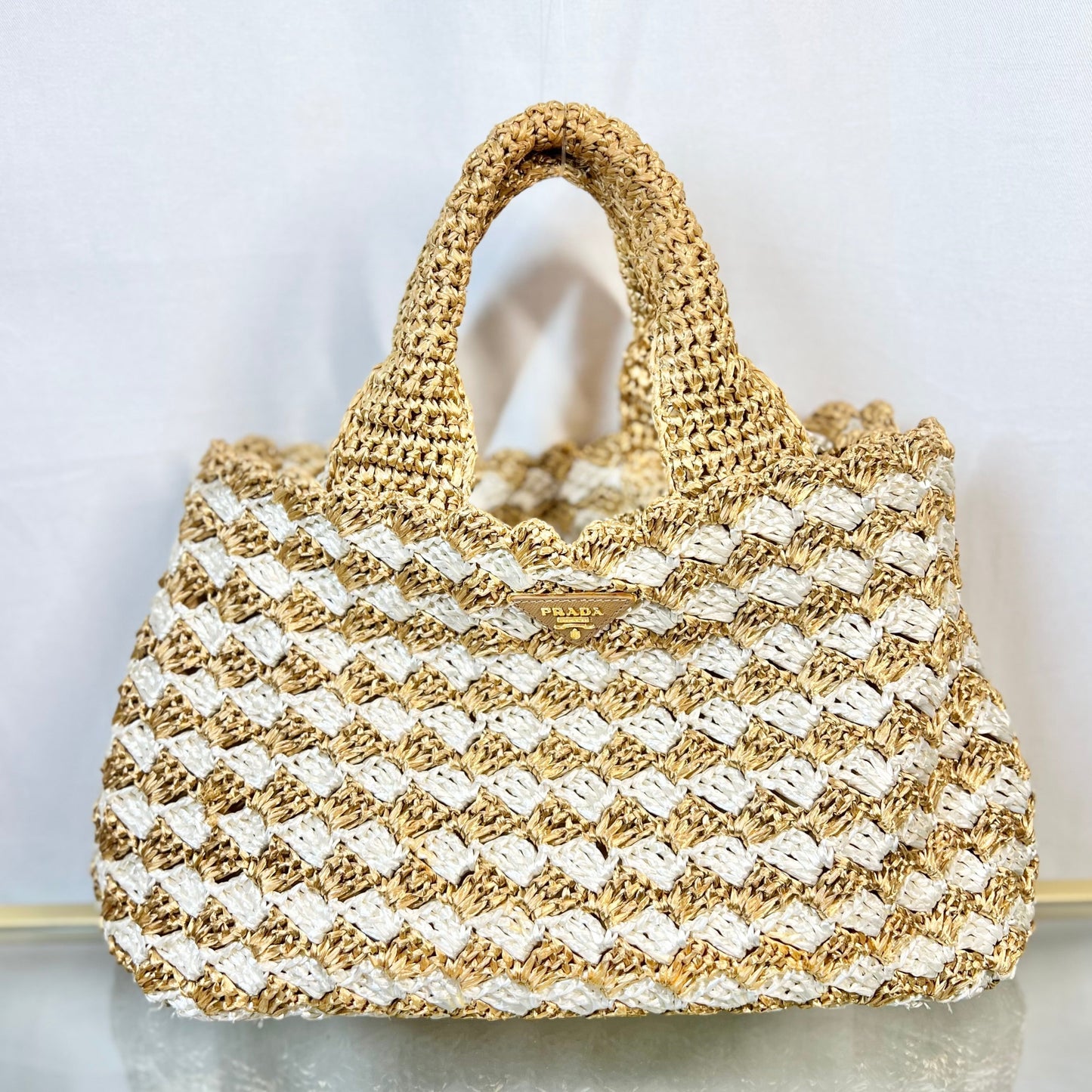 Prada Canapa Crochet Tote Bags Raffia Tan Woven