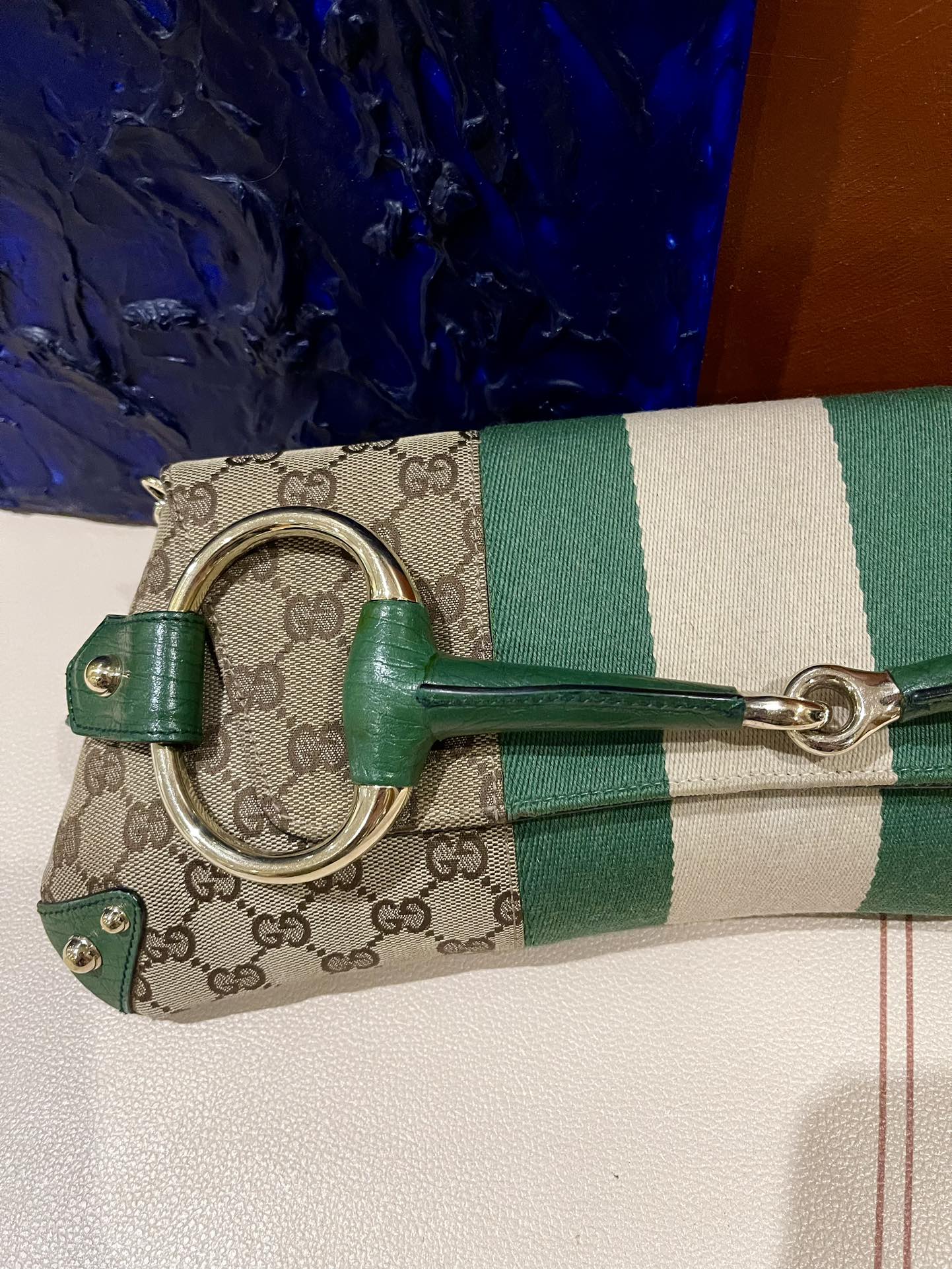 Gucci Horsebit Chain Cloth Studs Monogram Leather Green Gold Travel Bag