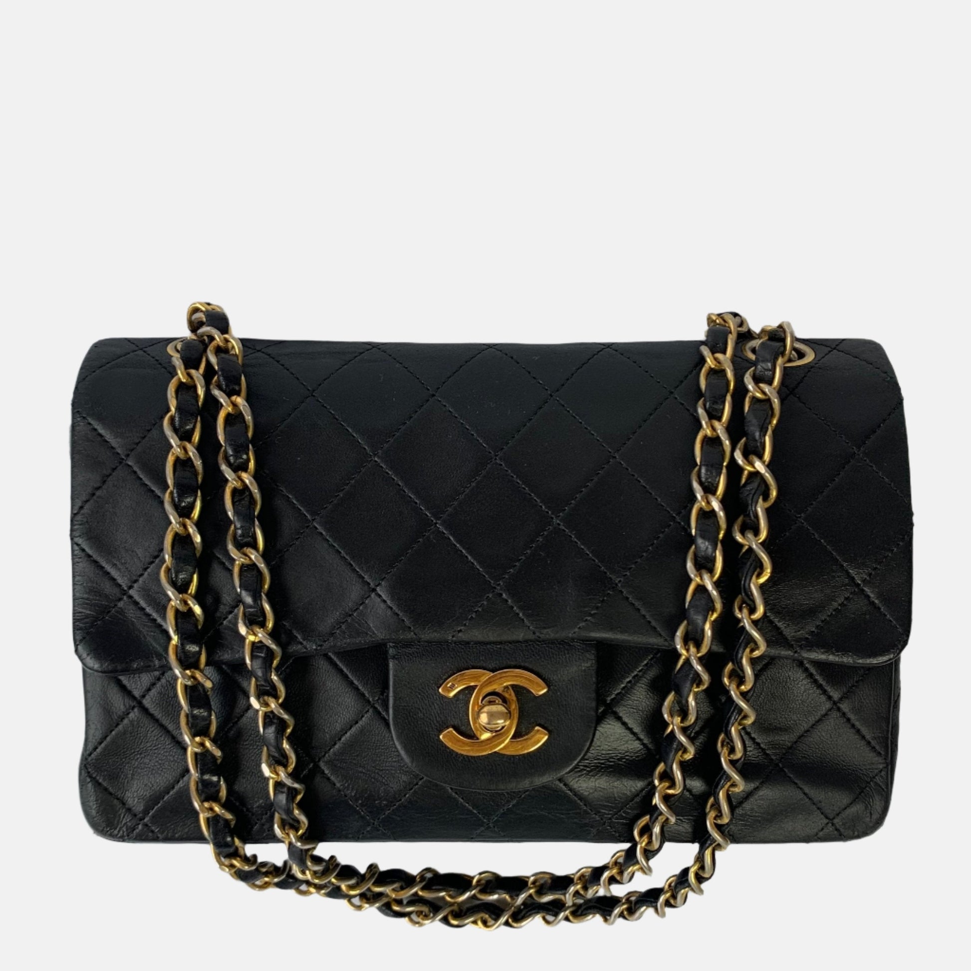 Chanel Classic Flap Lambskin 24k Hardware Black Gold Leather Handbag Gold Hardware