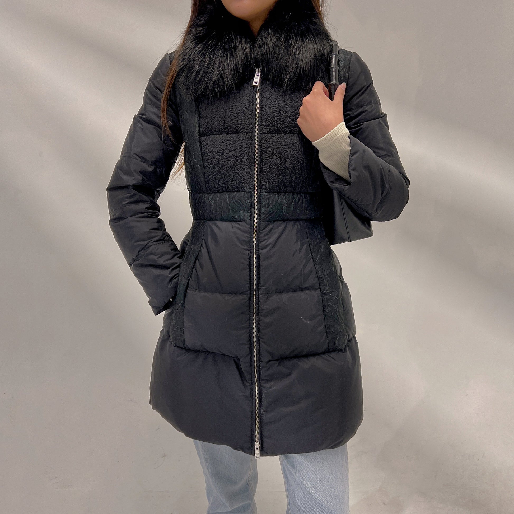 Prada Handbag Ladies Puffer with Fox Collar Black Blue