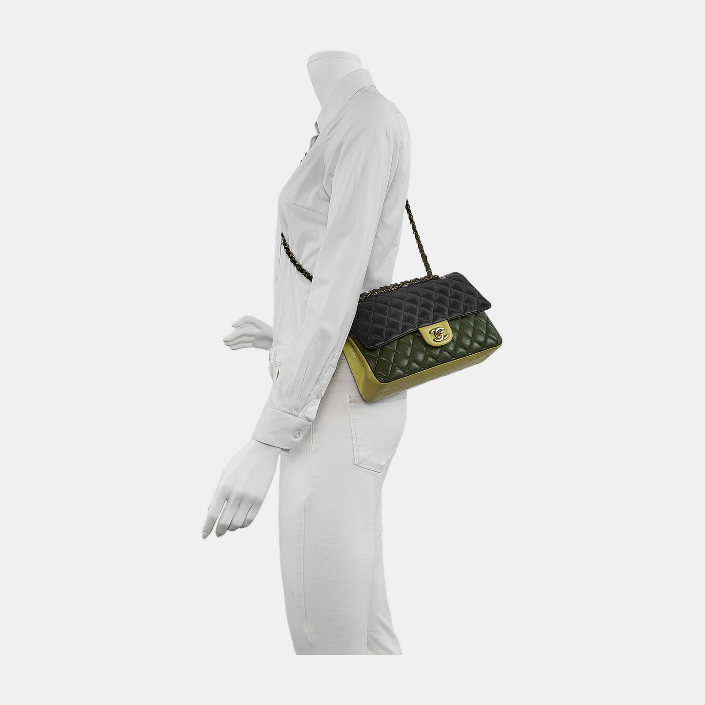 Chanel Timeless Classic Flap Tricolor Lambskin -tone Black Green Gold Leather Handbag