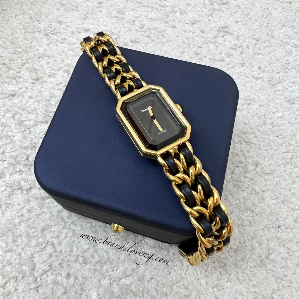 Chanel Premiere Watch in 24K Gold Plated Hw and Black Leather Size M Handbag