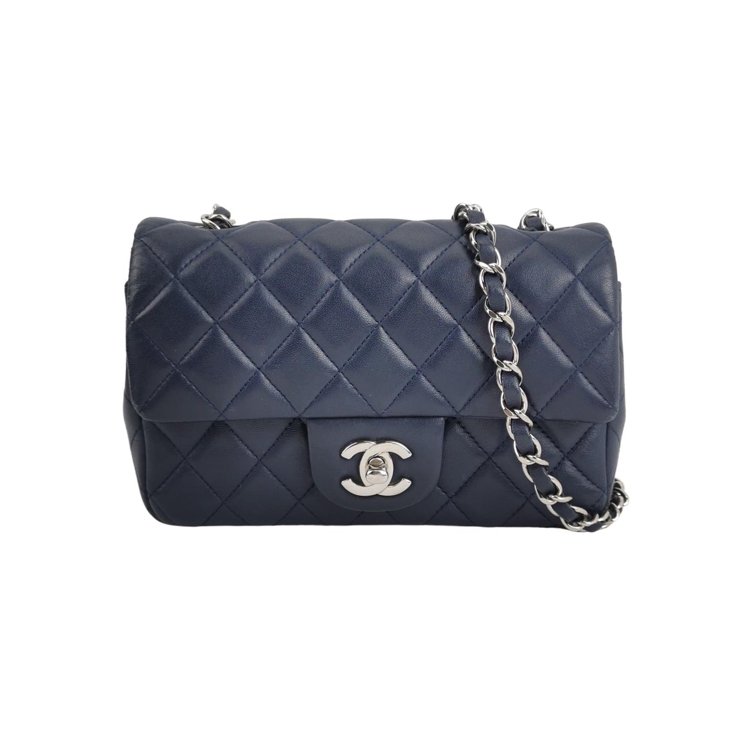 Chanel Classic Flap Rectangular Navy Lambskin Hardware Silver Mini Bag