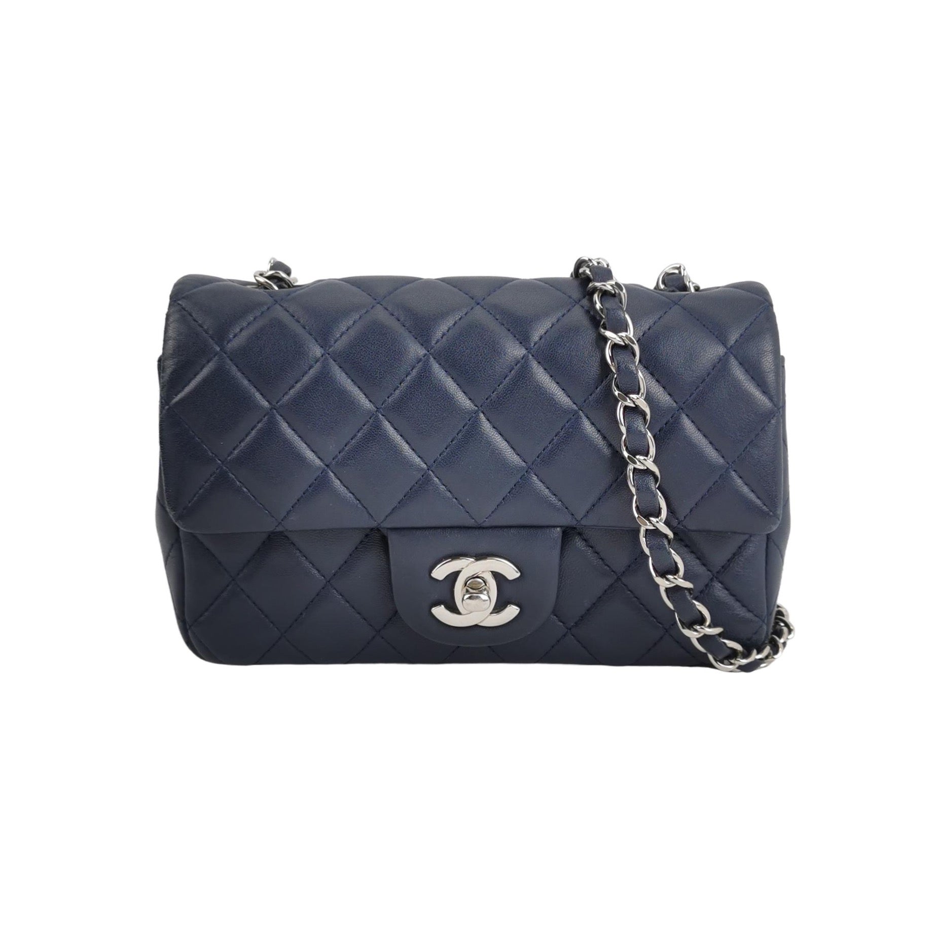 Chanel Classic Flap Rectangular Navy Lambskin Hardware Silver Mini Bag