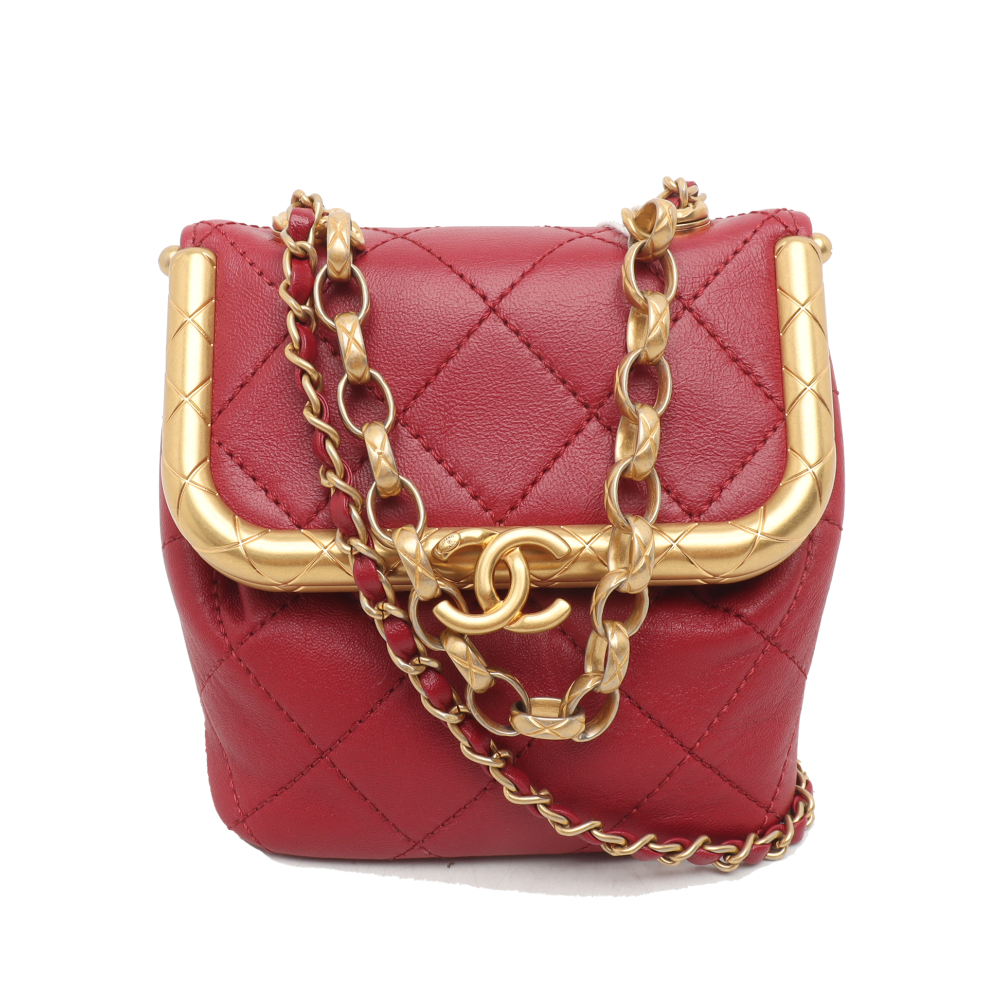 Chanel Kiss Clasp Super Lambskin -tone Hardware Red Gold Lock Leather Mini Bag
