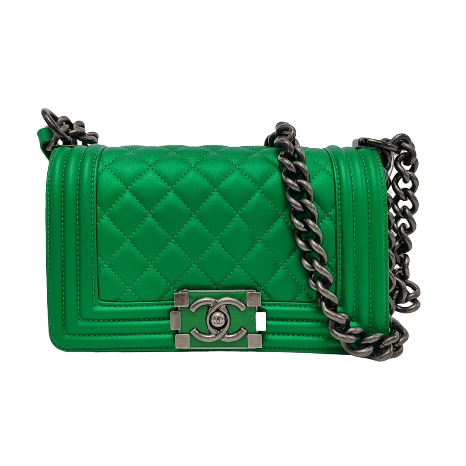 Chanel Le Boy Calfskin Antiqued Hardware Green Silver Small Leather Handbag