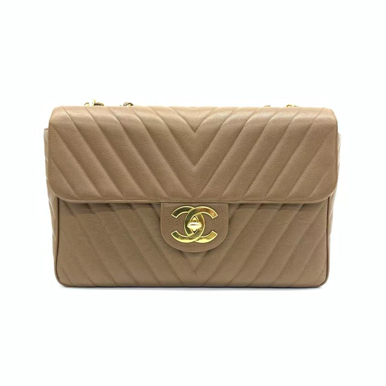 Chanel Classic Maxi Single Flap Taupe Caviar Brown Gold Beige Handbag
