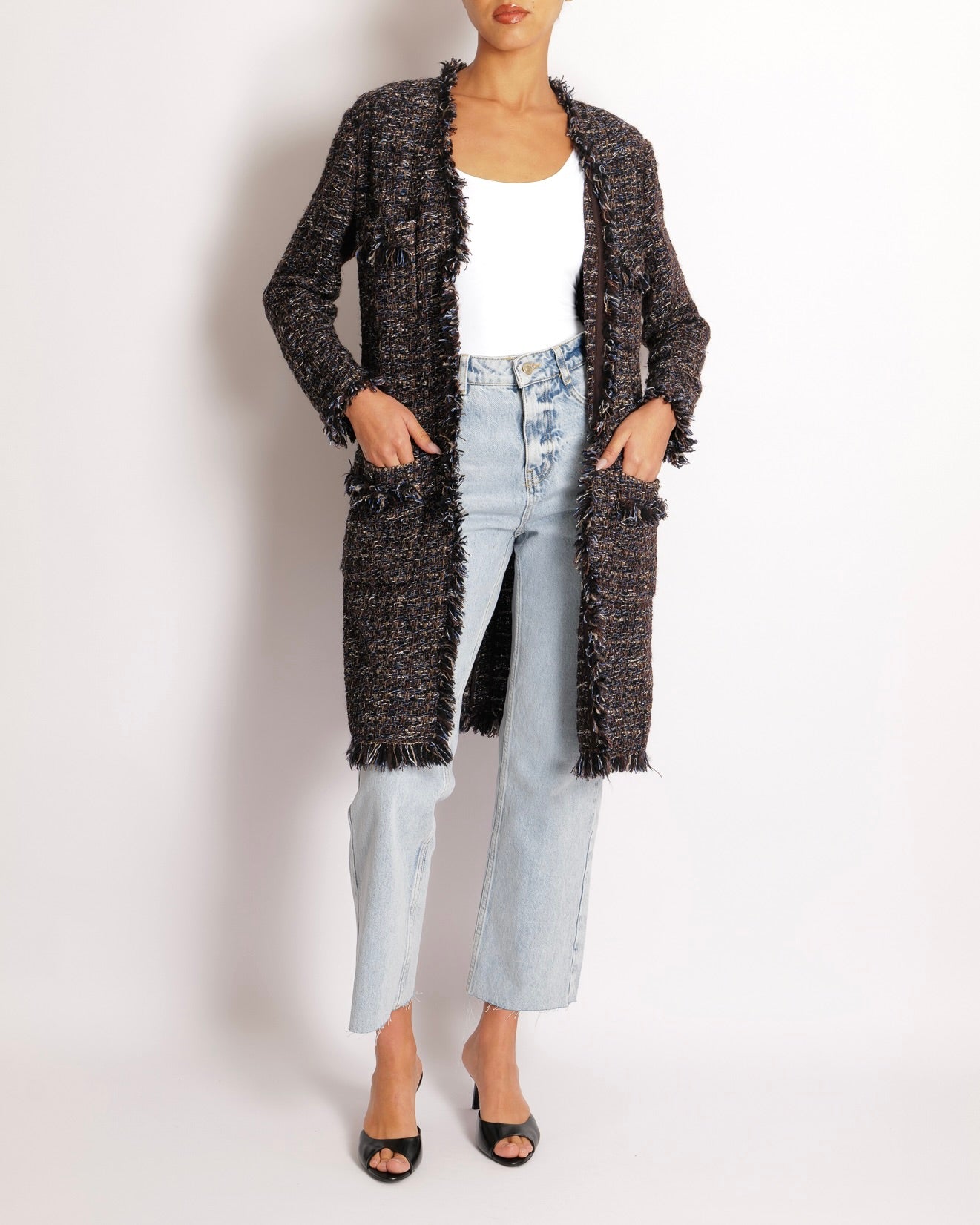 Chanel Black, Navy and Brown Tweed Long Jacket with Fringed Trims and Silver Chain Button Details Size FR 36 (UK 8)