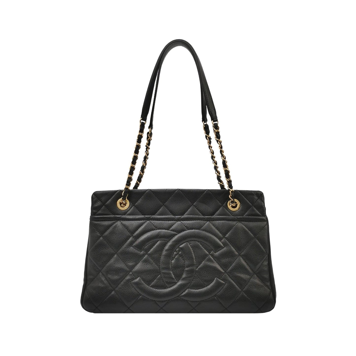 Chanel PST Petite Shopping Caviar CC Logo Black Gold Small Leather Tote Bag